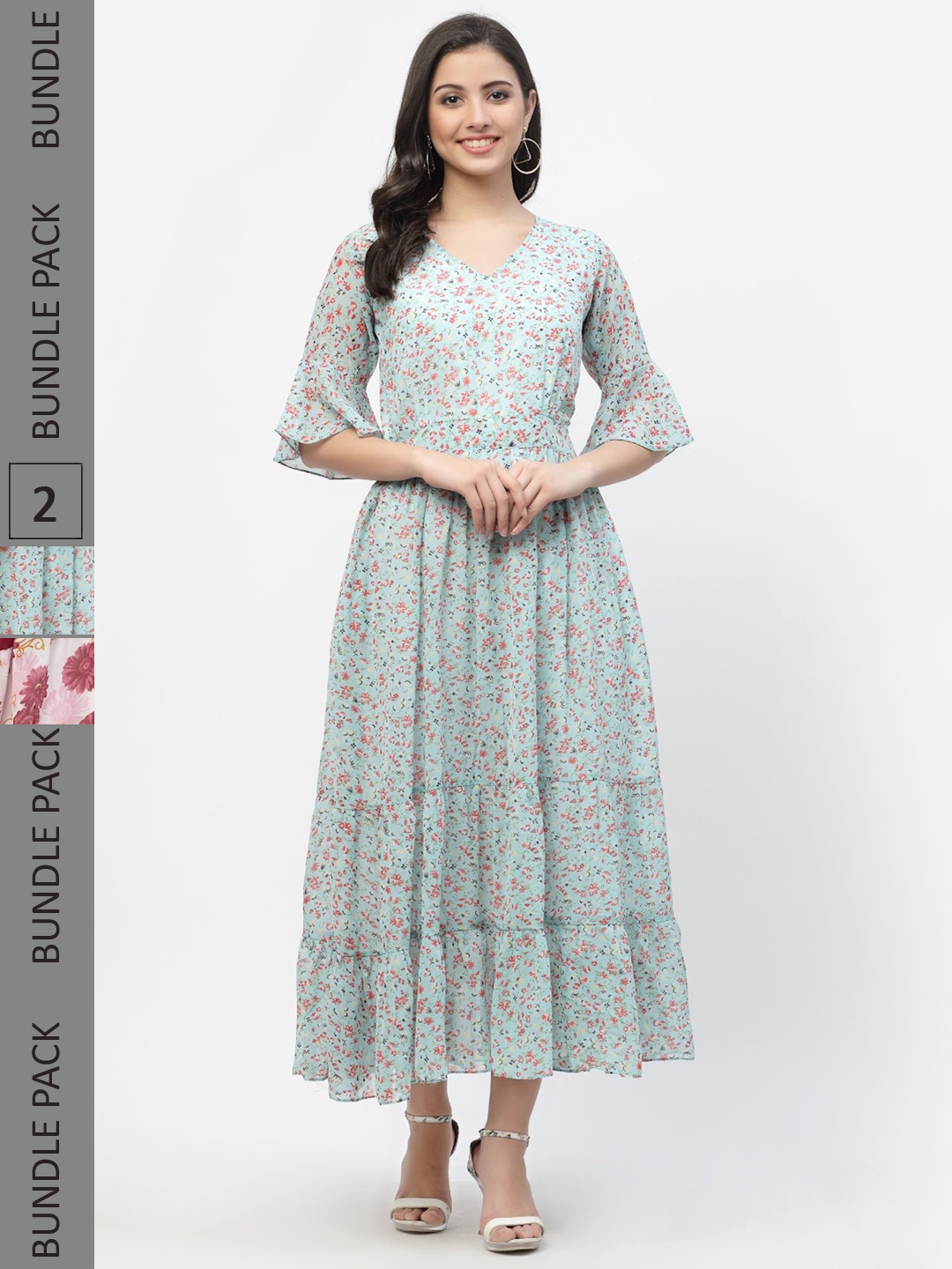 

MISS AYSE Blue & Maroon Floral Georgette Ethnic Maxi Dress Pack of 2