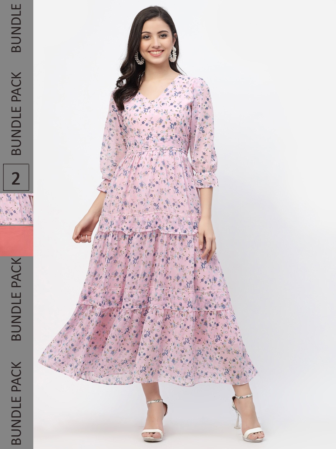 

MISS AYSE Pink & Peach-Coloured Floral Georgette Ethnic Maxi Dress Pack of 2