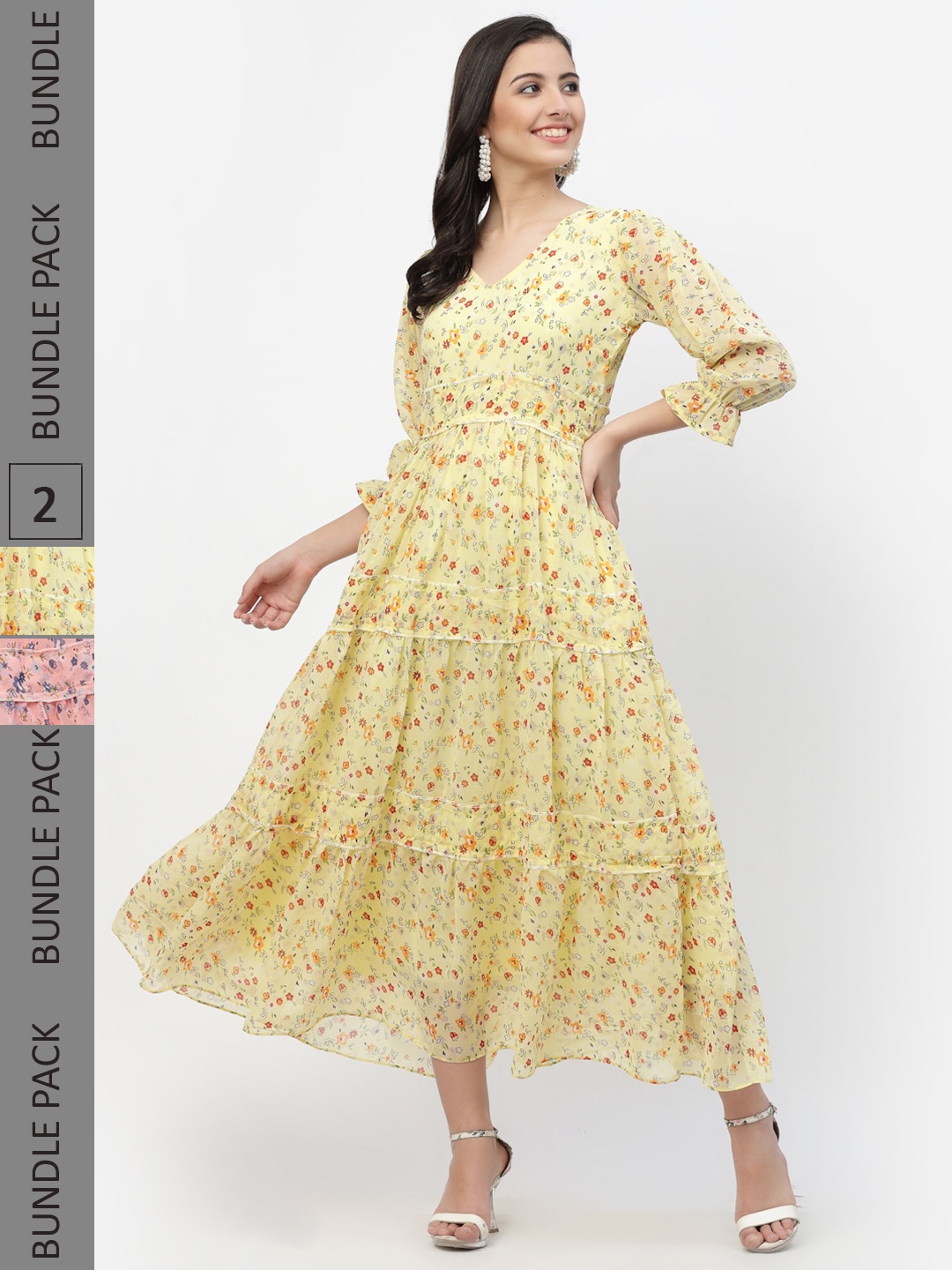 

MISS AYSE Yellow & Pink Floral Georgette Maxi Dress Pack of 2