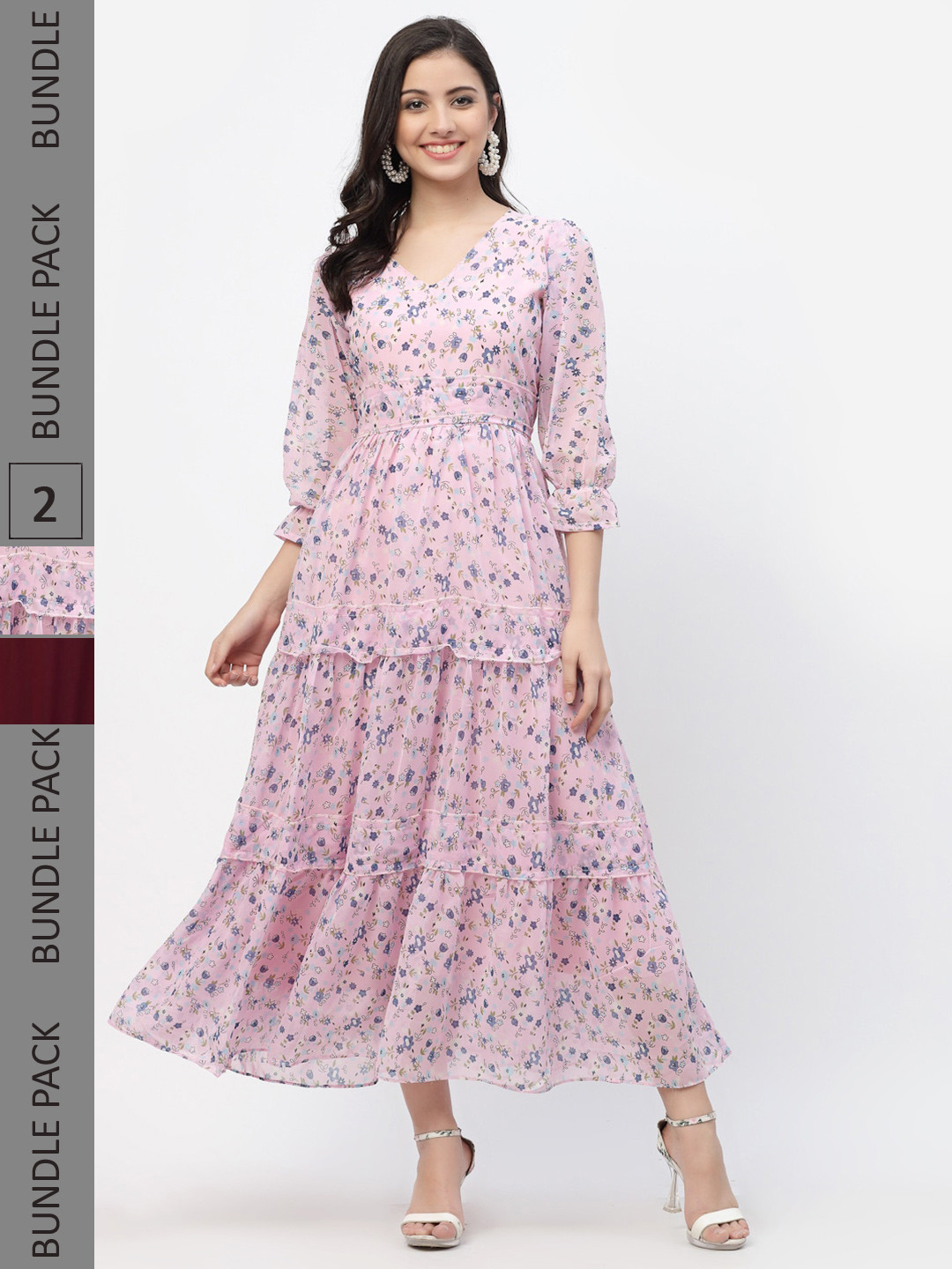 

MISS AYSE Pink & Maroon Floral Georgette Maxi Dress Pack of 2