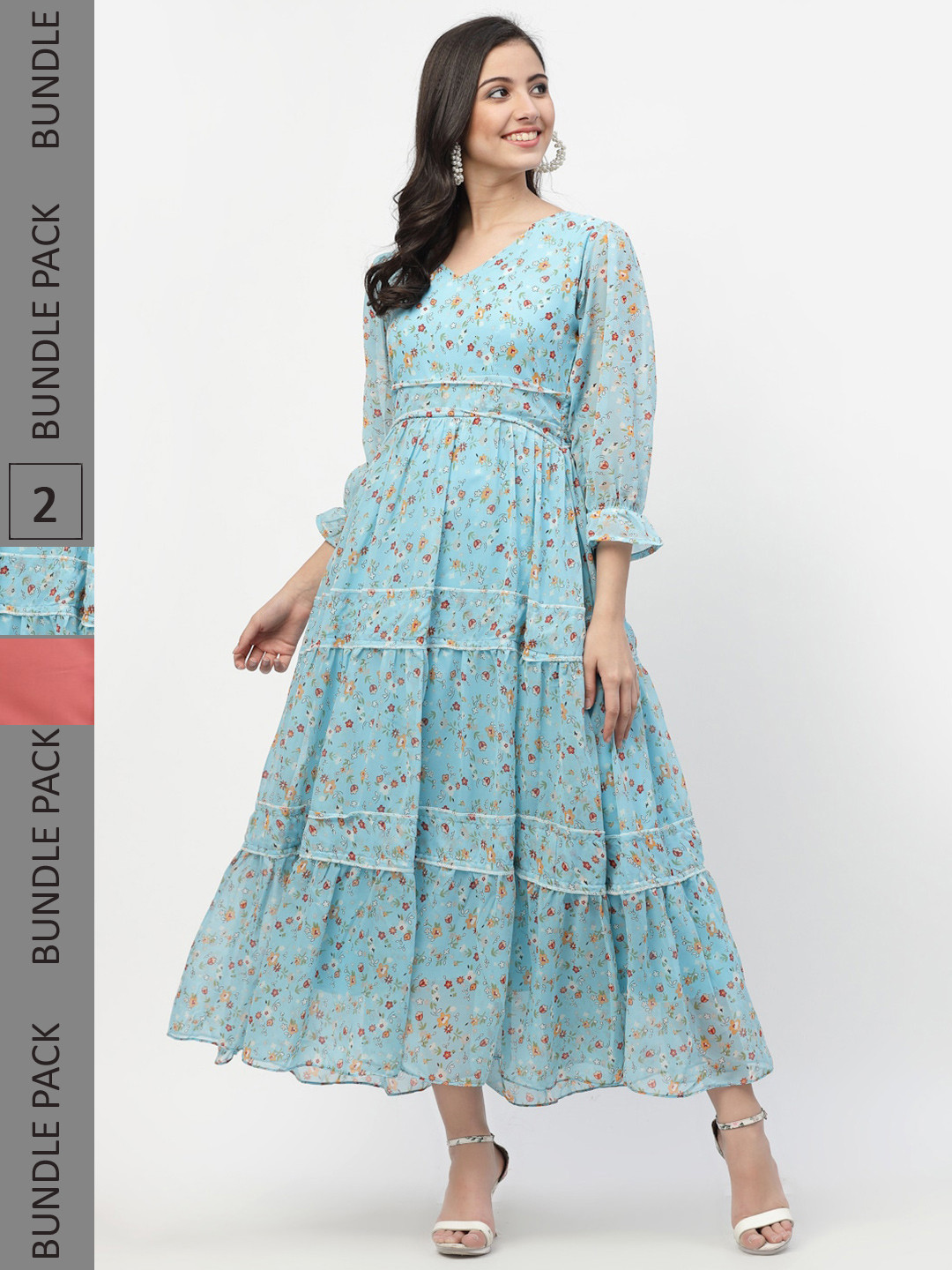 

MISS AYSE Blue & Peach-Coloured Floral Georgette Ethnic Maxi Dress Pack of 2