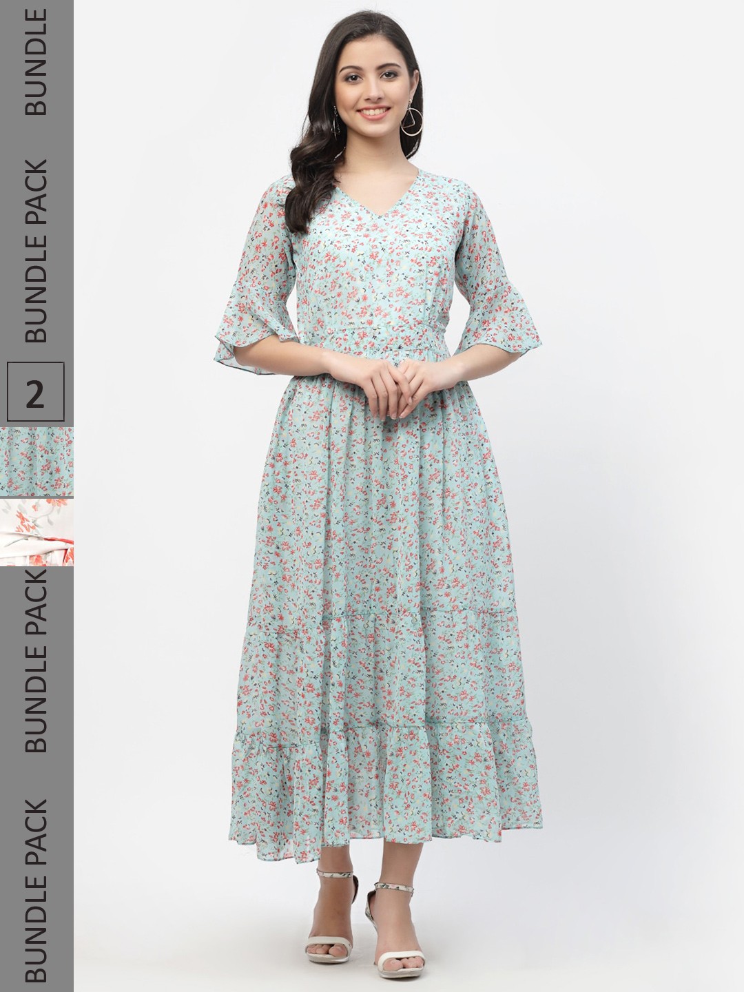 

MISS AYSE Blue & Off White Floral Georgette Ethnic Maxi Dress Pack of 2