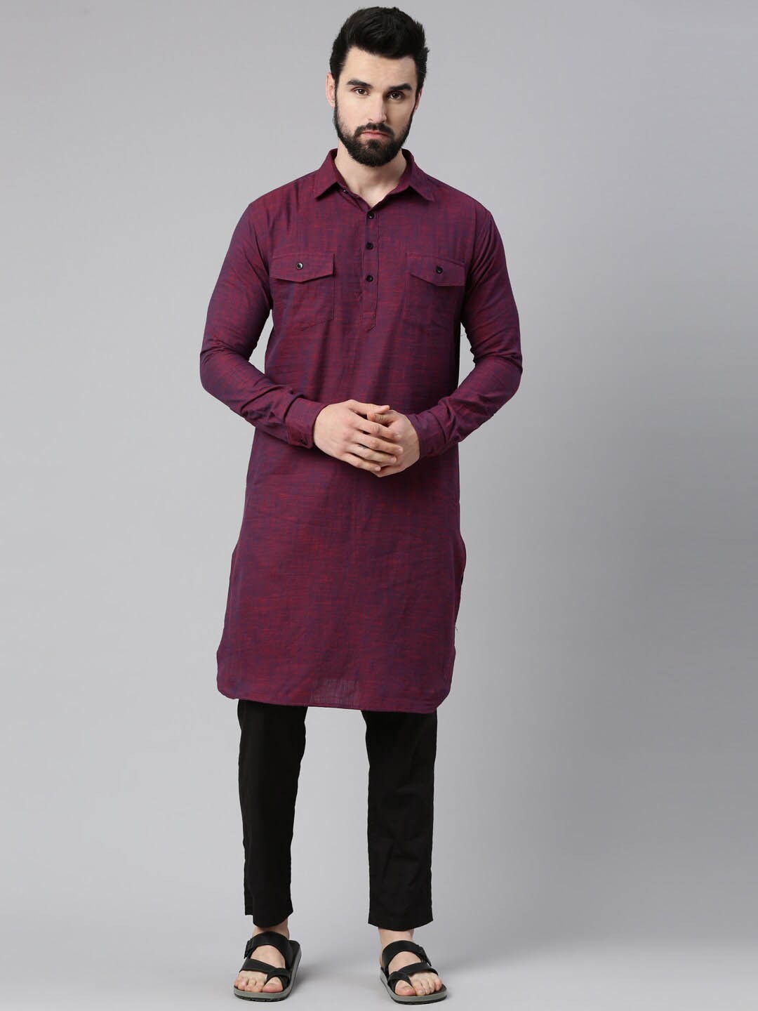 

WHITE HEART Shirt Collar Pathani Pure Cotton Kurta, Purple