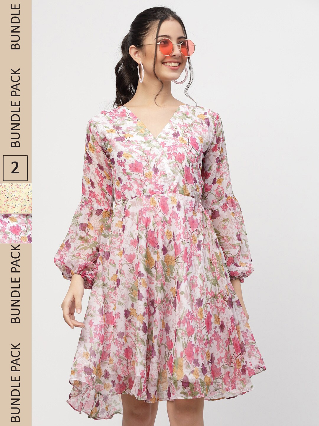MISS AYSE Off White & Yellow Floral Georgette Dress