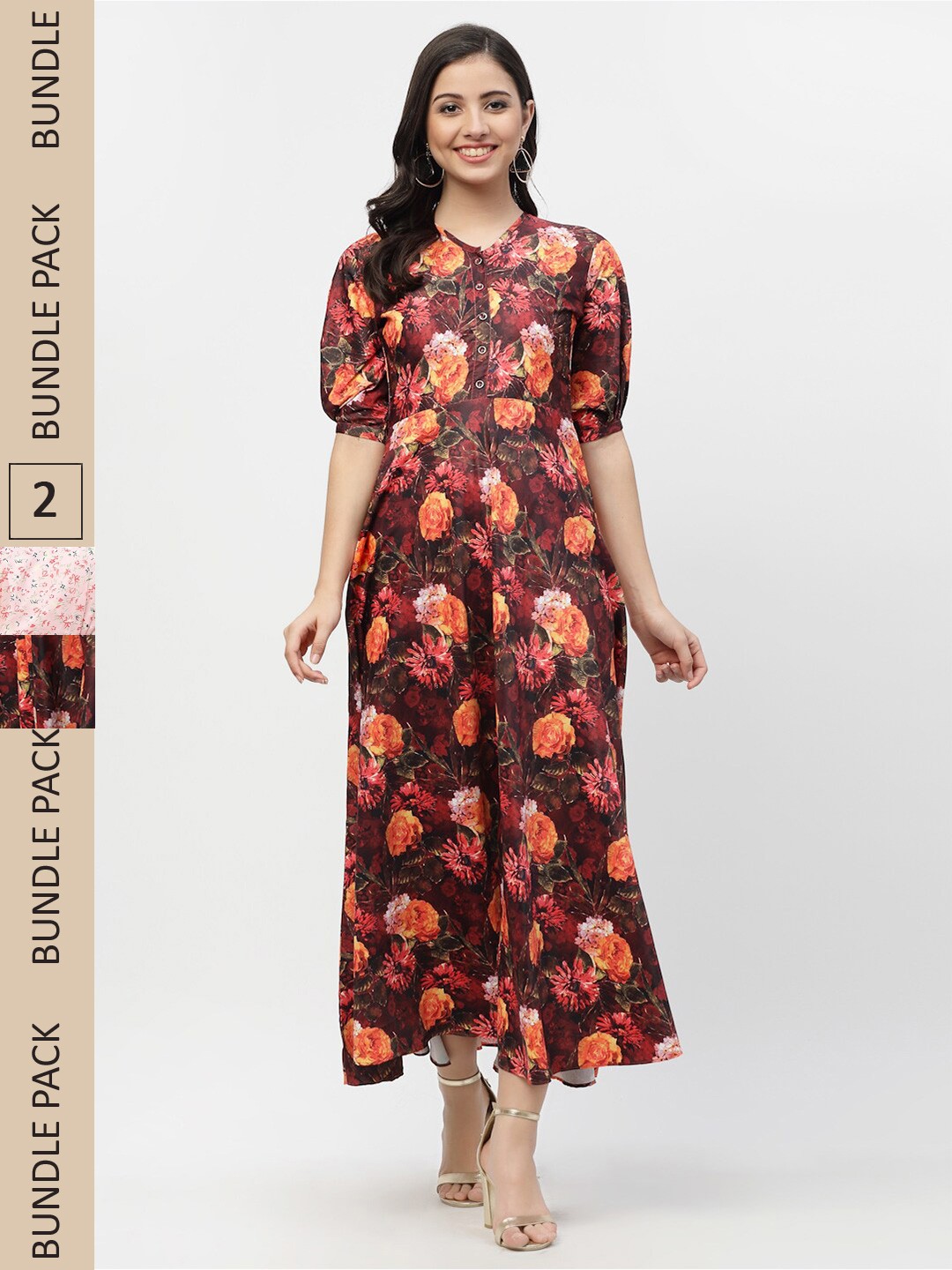

MISS AYSE Coffee Brown & Pink Pack Of 2 Floral Georgette Midi Dress