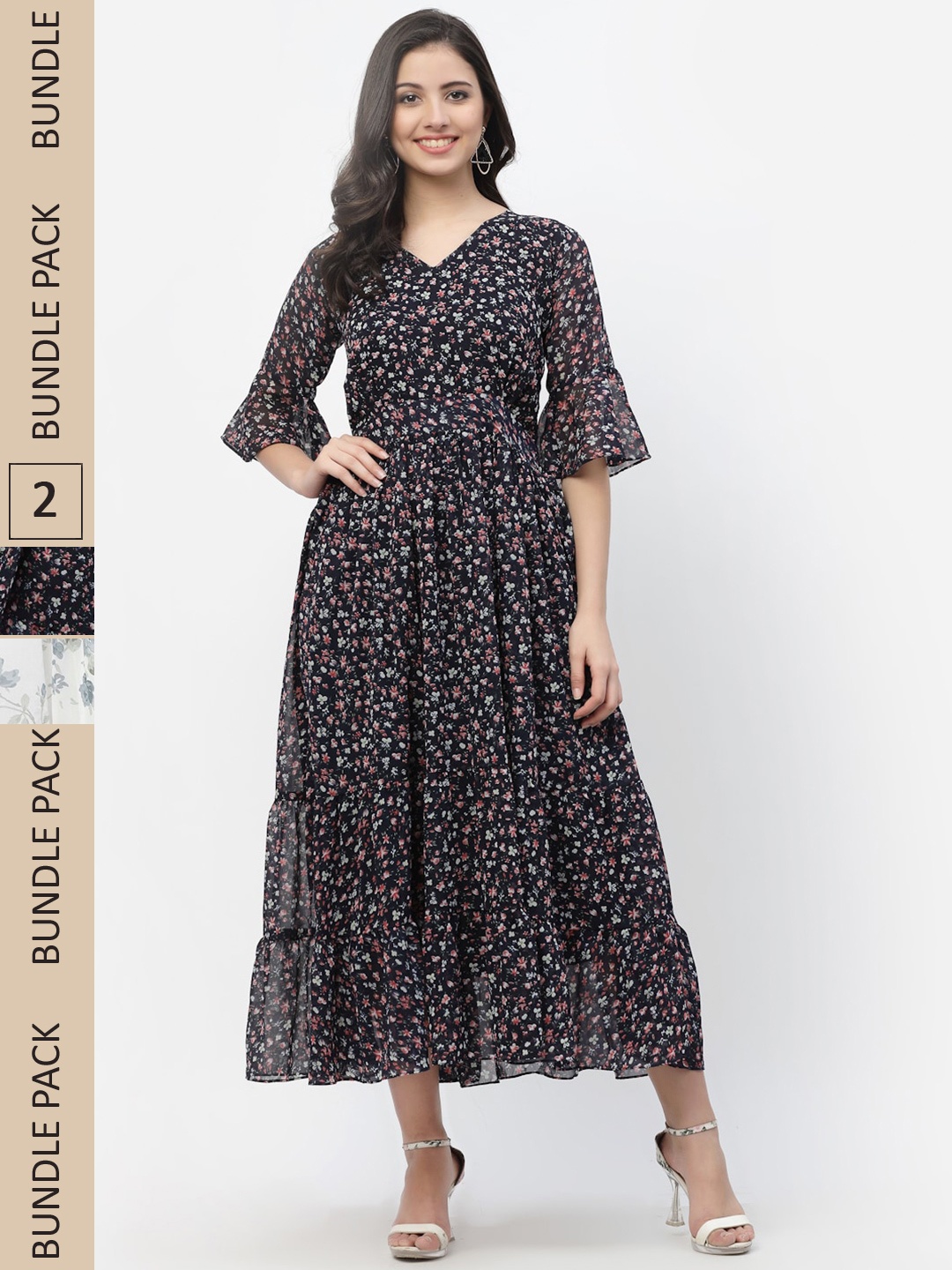 

MISS AYSE Black & White Pack Of 2 Floral Georgette Midi Dress
