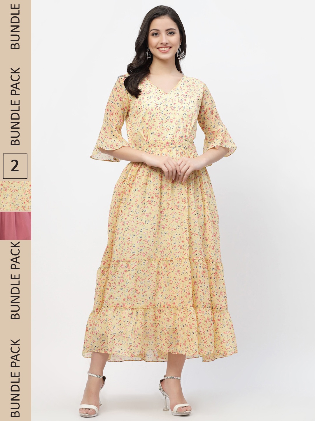 

MISS AYSE Pack Of 2 Beige & Pink Floral Georgette A-Line Midi Dress