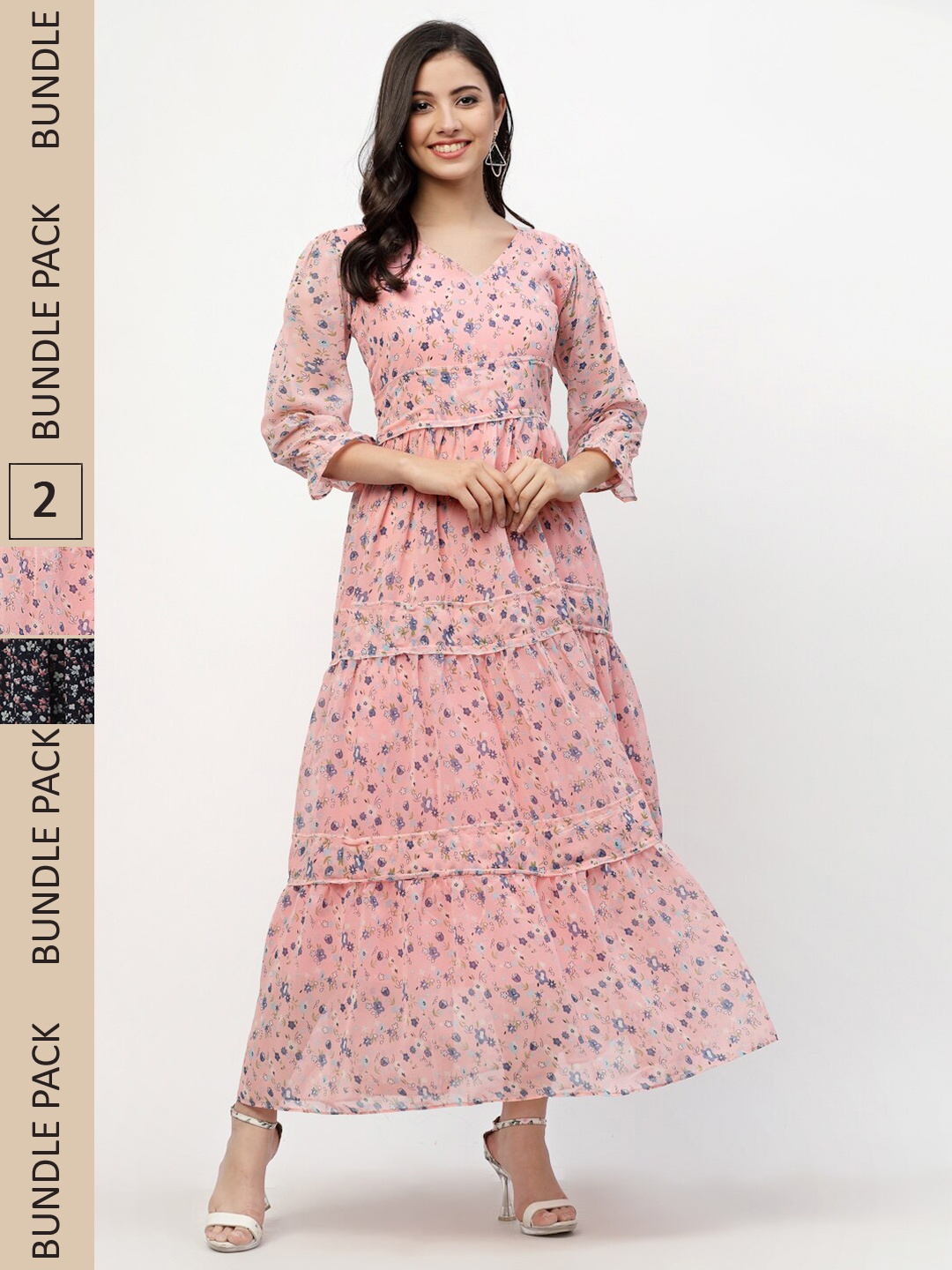 

MISS AYSE Pack Of 2 Pink & Black Floral Georgette A-Line Midi Dress