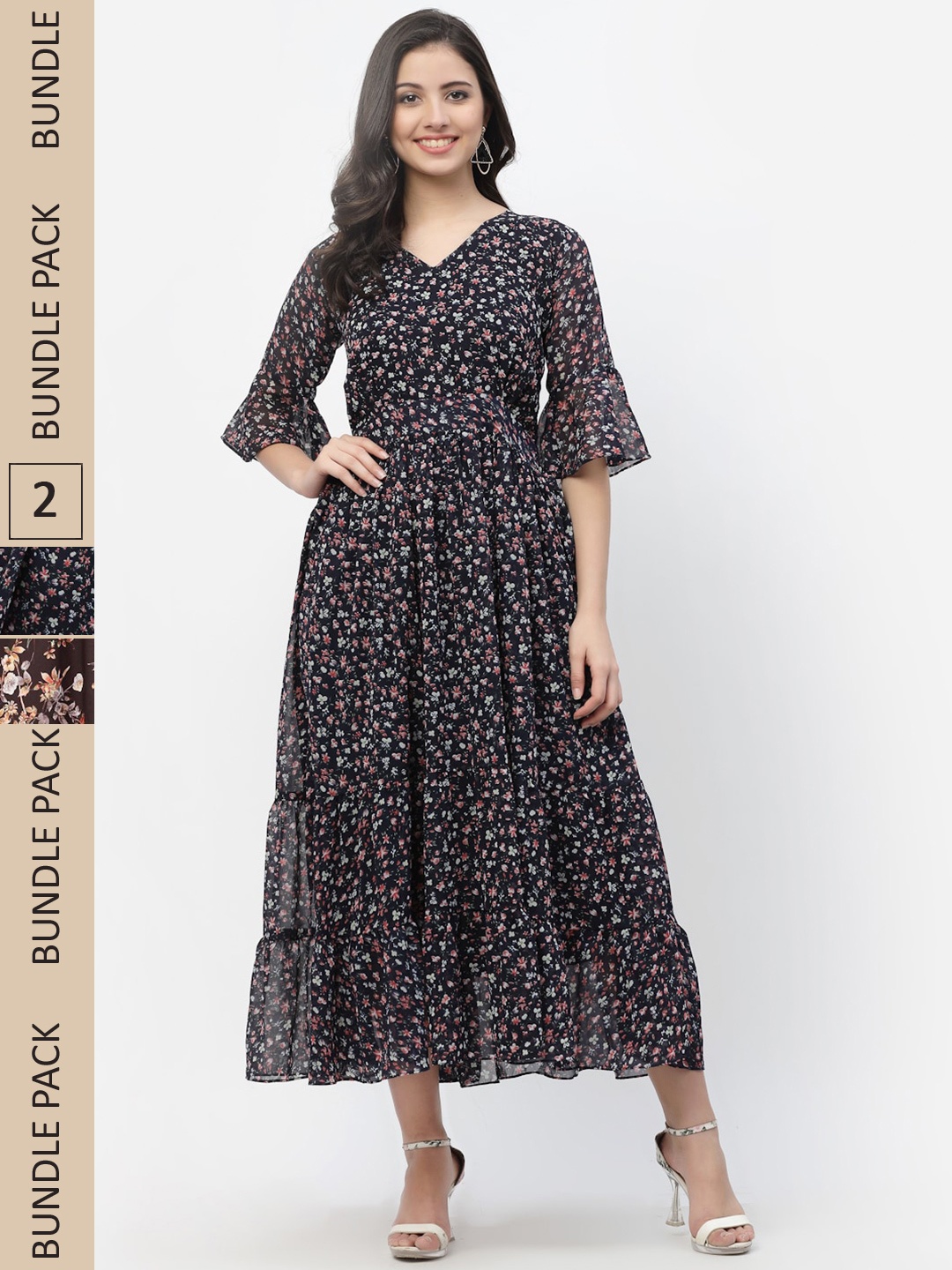 

MISS AYSE Pack Of 2 Black & Brown Floral Georgette A-Line Maxi Dress