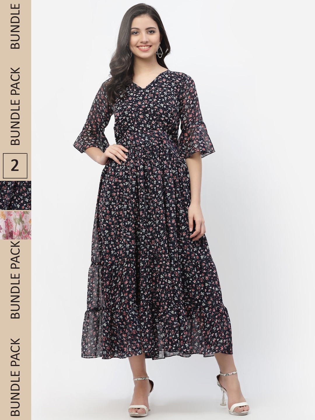 

MISS AYSE Pack Of 2 Black & Pink Floral Georgette A-Line Dress
