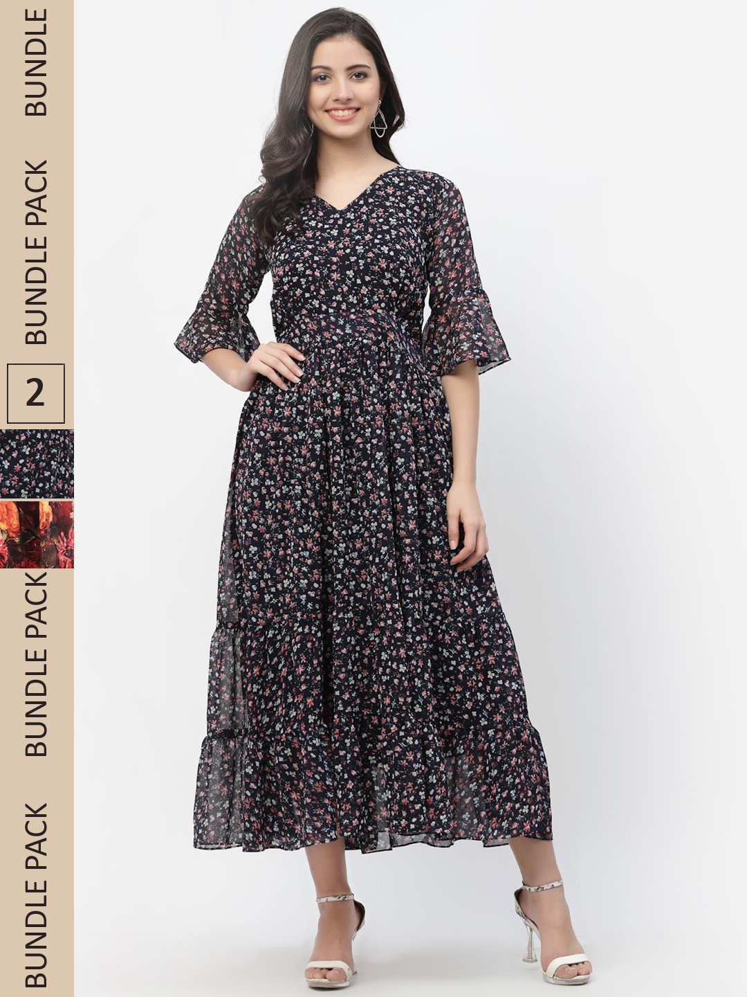 MISS AYSE Pack Of 2 Black & Brown Floral Georgette A-Line Maxi Dress