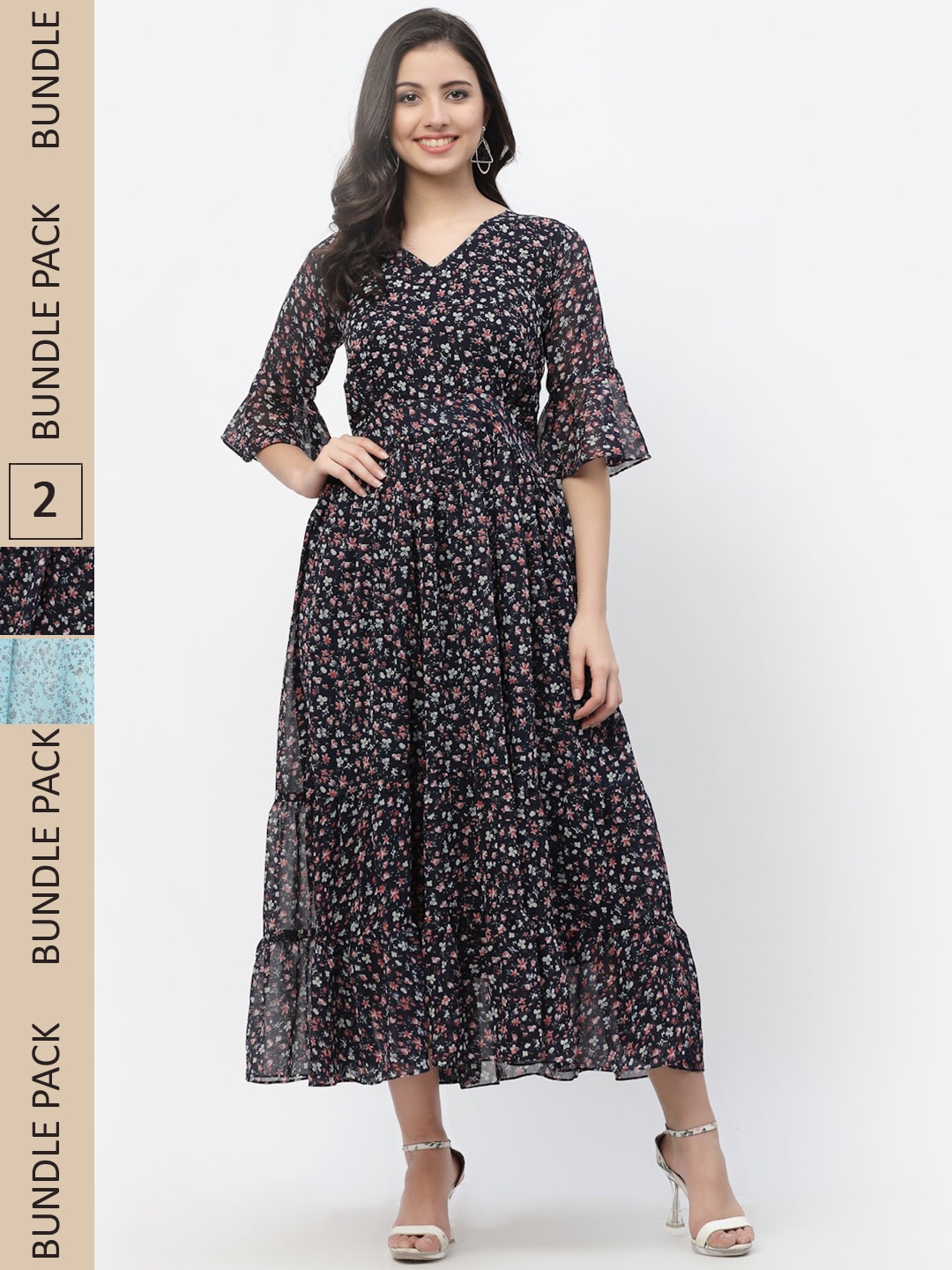 

MISS AYSE Pack Of 2 Black & Blue Floral Georgette A-Line Maxi Dress