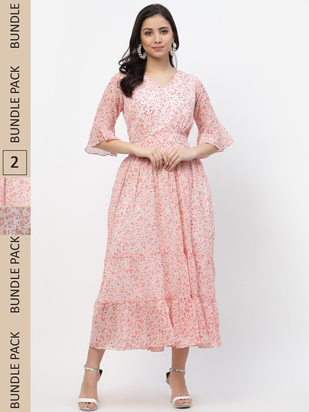 

MISS AYSE Pack of 2 Peach-Coloured & Brown Floral Maxi Dress