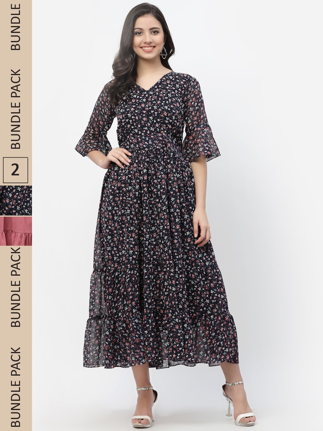 

MISS AYSE Pack of 2 Navy Blue & Mauve Floral Maxi Dress