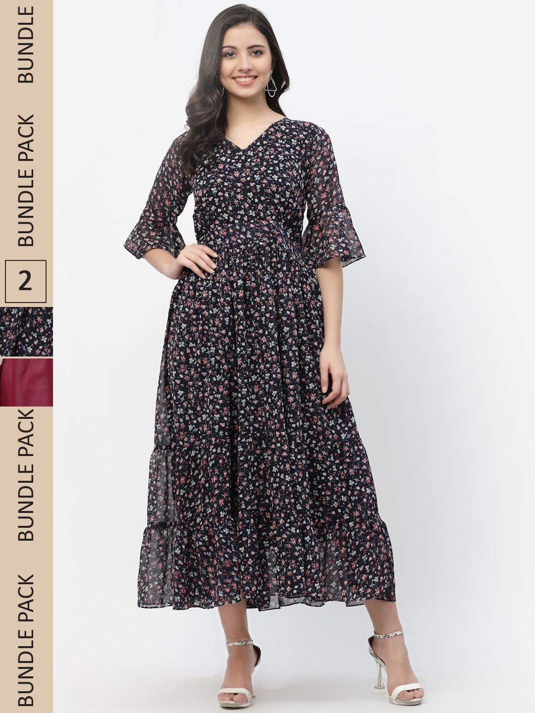 

MISS AYSE Pack of 2 Navy Blue & Maroon Floral Maxi Dress