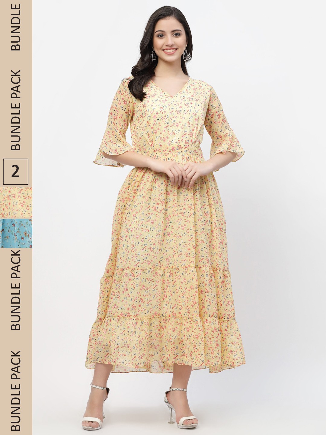 

MISS AYSE Yellow & Blue Floral Georgette Maxi Dress Pack of 2