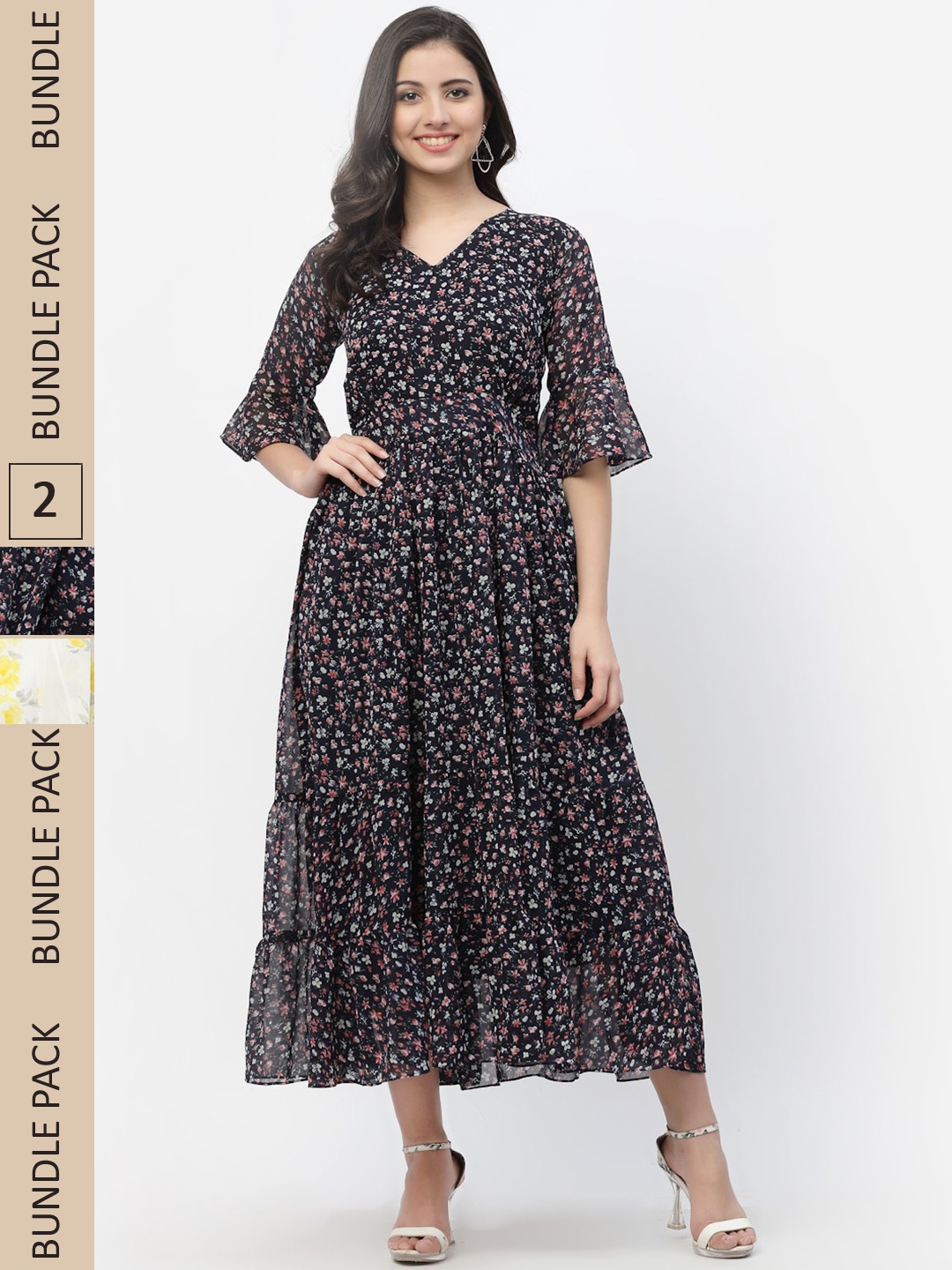 

MISS AYSE Black & White Floral Georgette Ethnic Maxi Dress Pack of 2