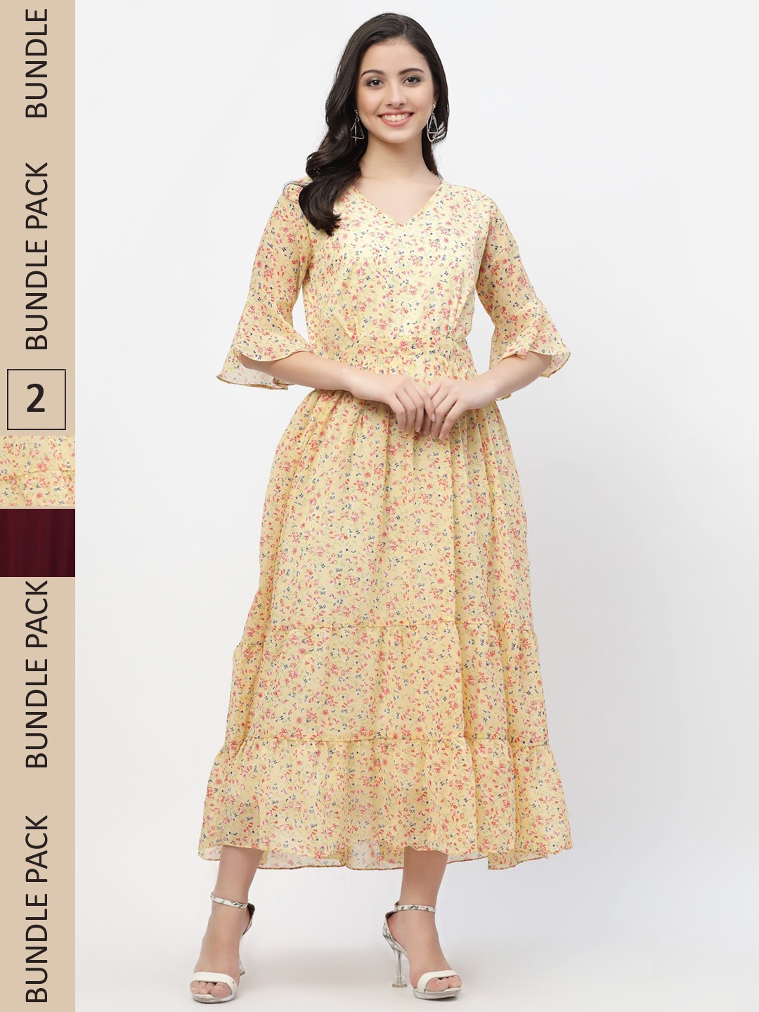 

MISS AYSE Yellow & Maroon Floral Georgette Ethnic Maxi Dress Pack of 2