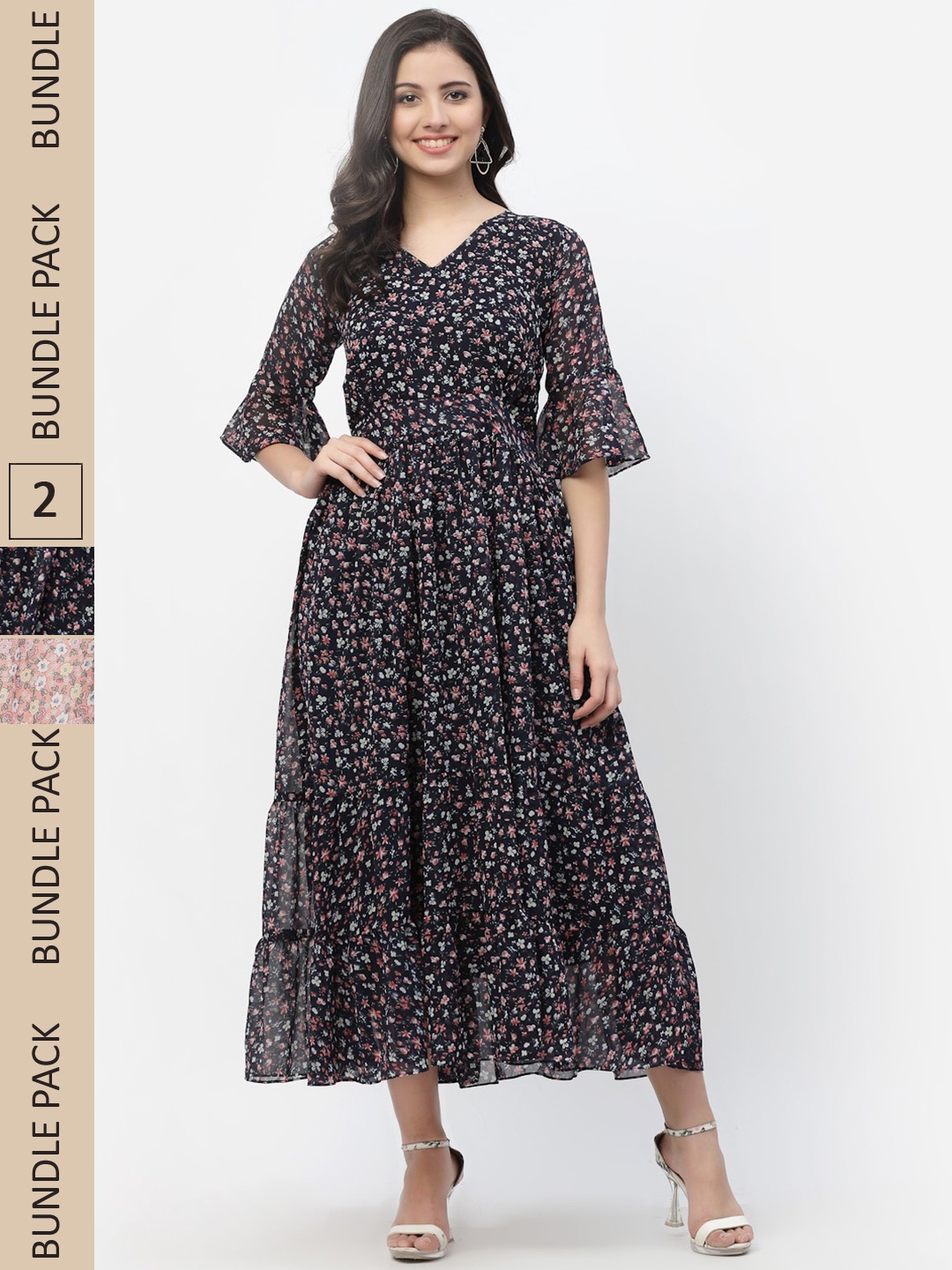 MISS AYSE Black & Brown Floral Georgette Ethnic Maxi Dress Pack of 2