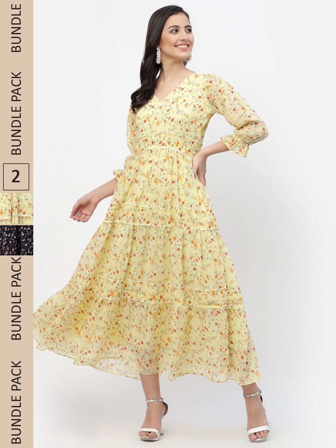 

MISS AYSE Yellow & Black Floral Georgette Ethnic Maxi Dress Pack of 2