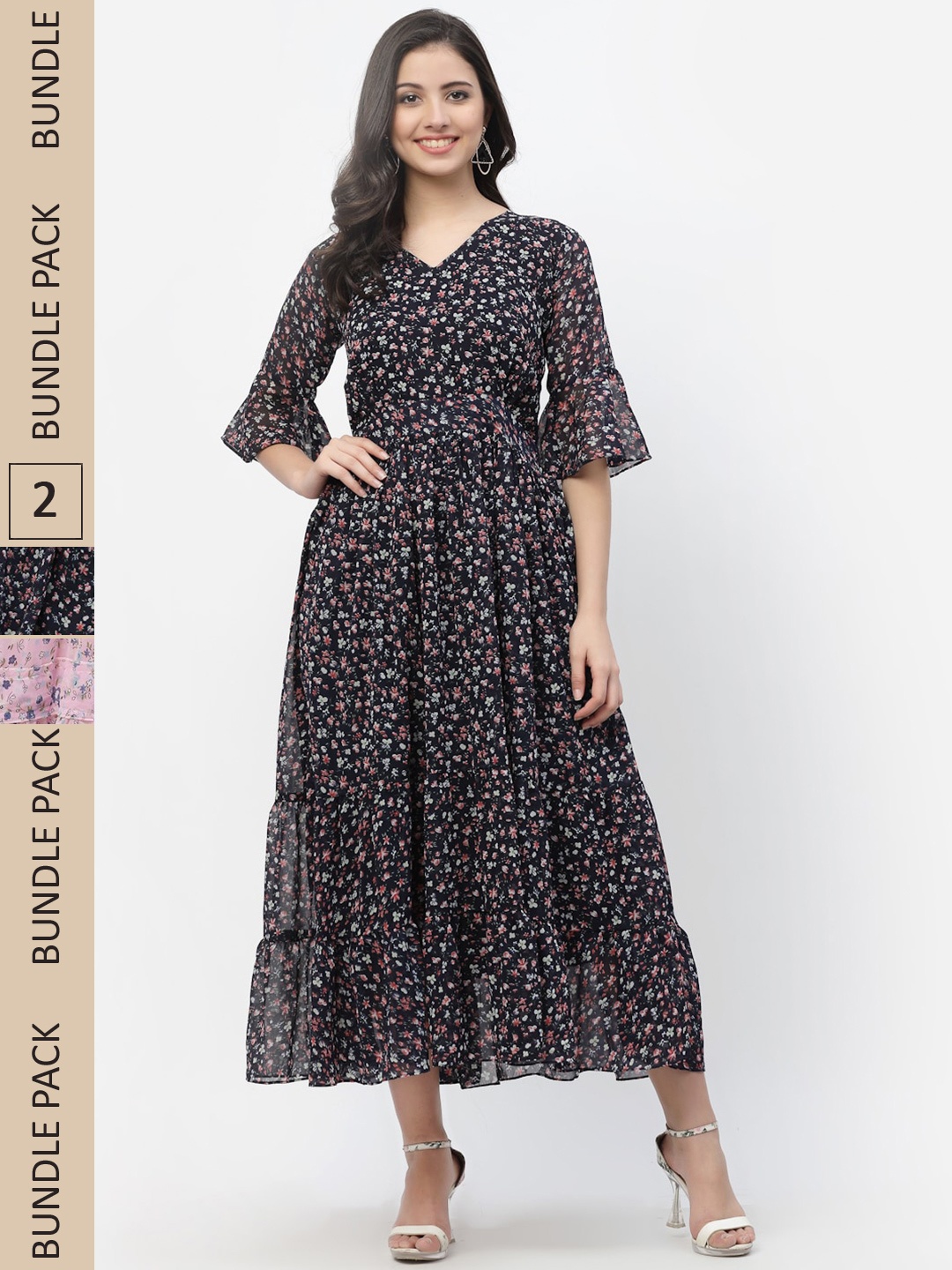 

MISS AYSE Black & Pink Floral Georgette Ethnic Maxi Dress Pack of 2