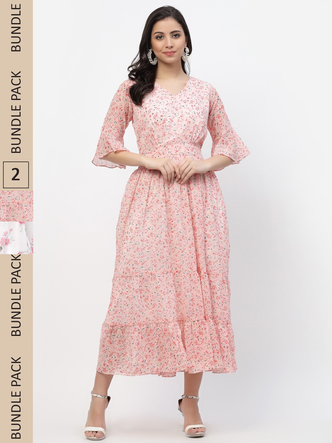 

MISS AYSE Peach-Coloured & Off White Floral Georgette Ethnic Maxi Dress Pack of 2