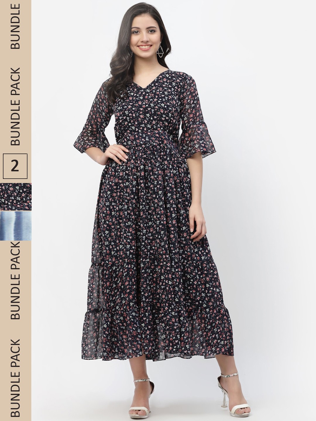 

MISS AYSE Black & Blue Floral Georgette Ethnic Maxi Dress Pack of 2