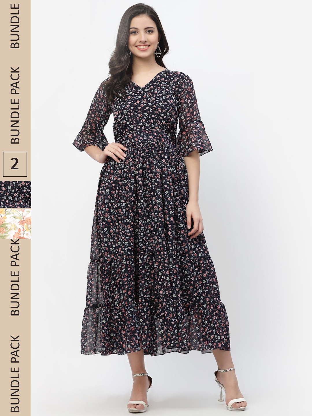 

MISS AYSE Black & Cream-Coloured Floral Georgette Ethnic Maxi Dress Pack of 2