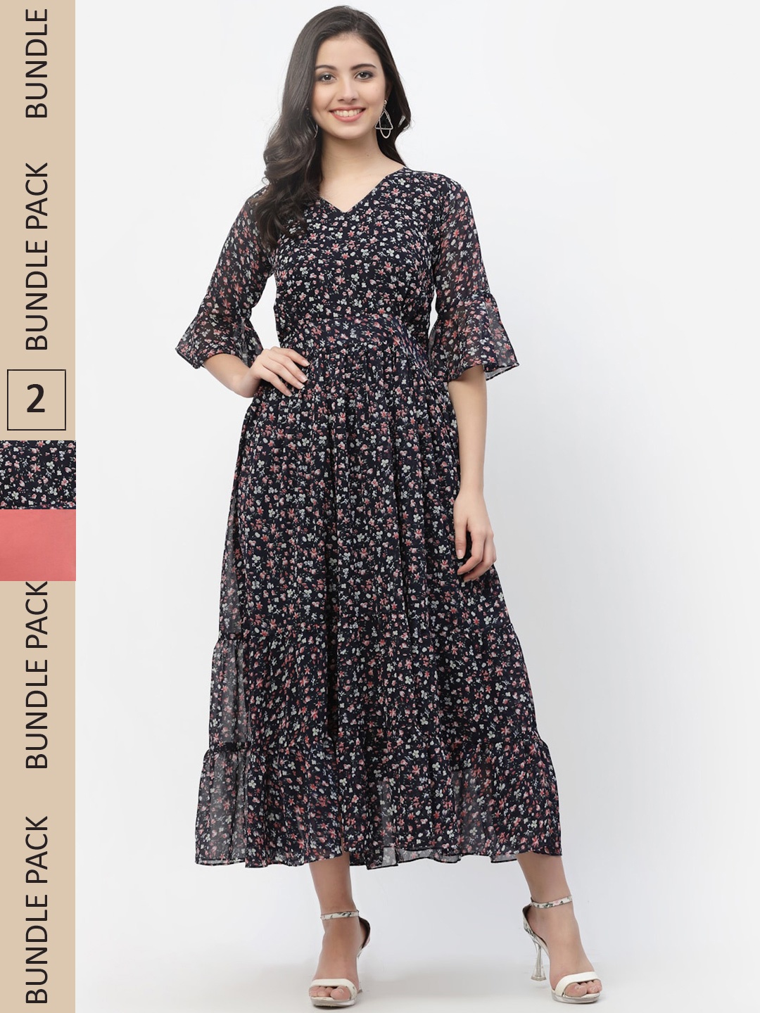 

MISS AYSE Black & Peach-Coloured Floral Georgette Ethnic Maxi Dress Pack of 2
