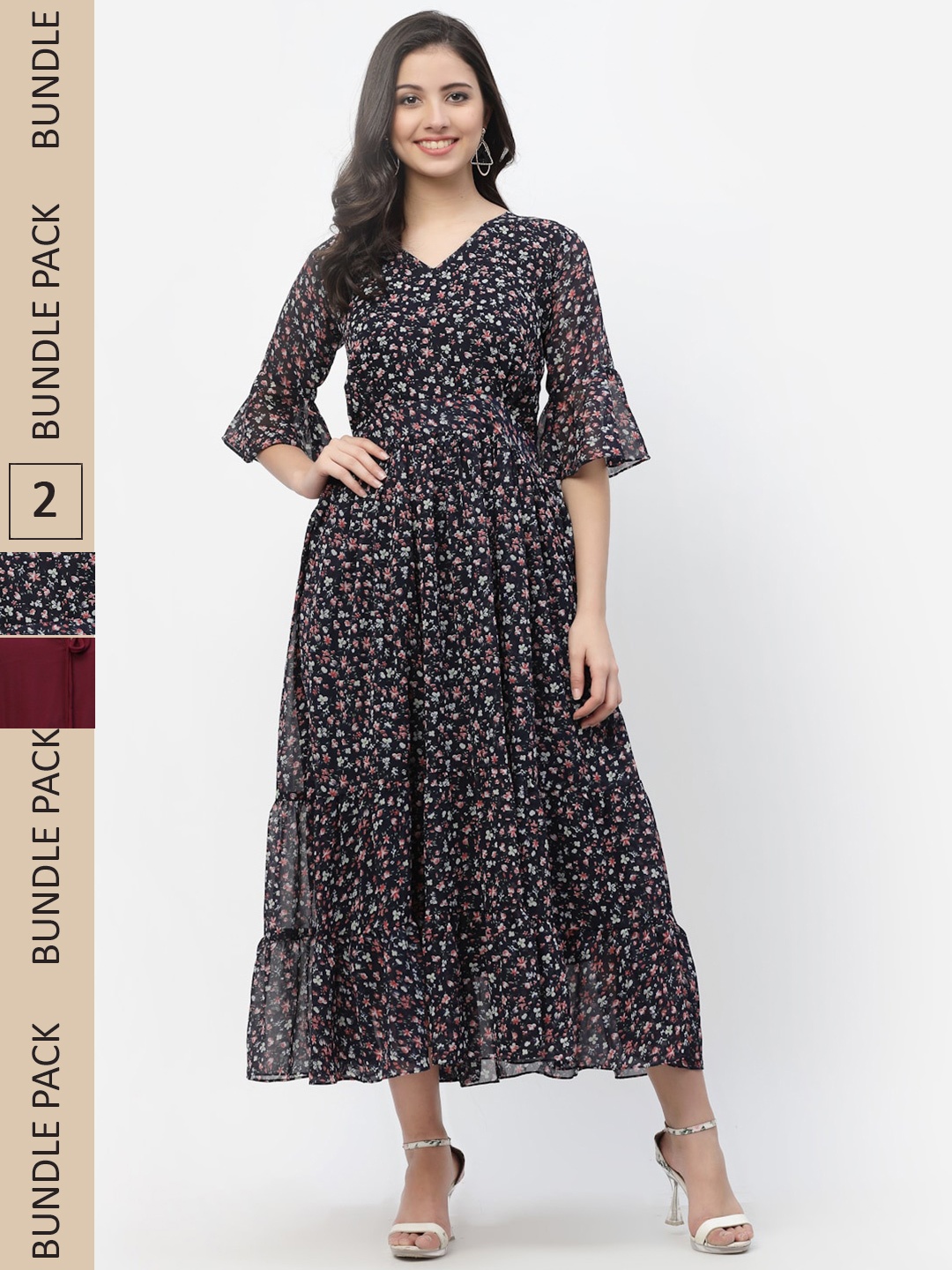 

MISS AYSE Black & Maroon Floral Georgette Ethnic Maxi Dress Pack of 2