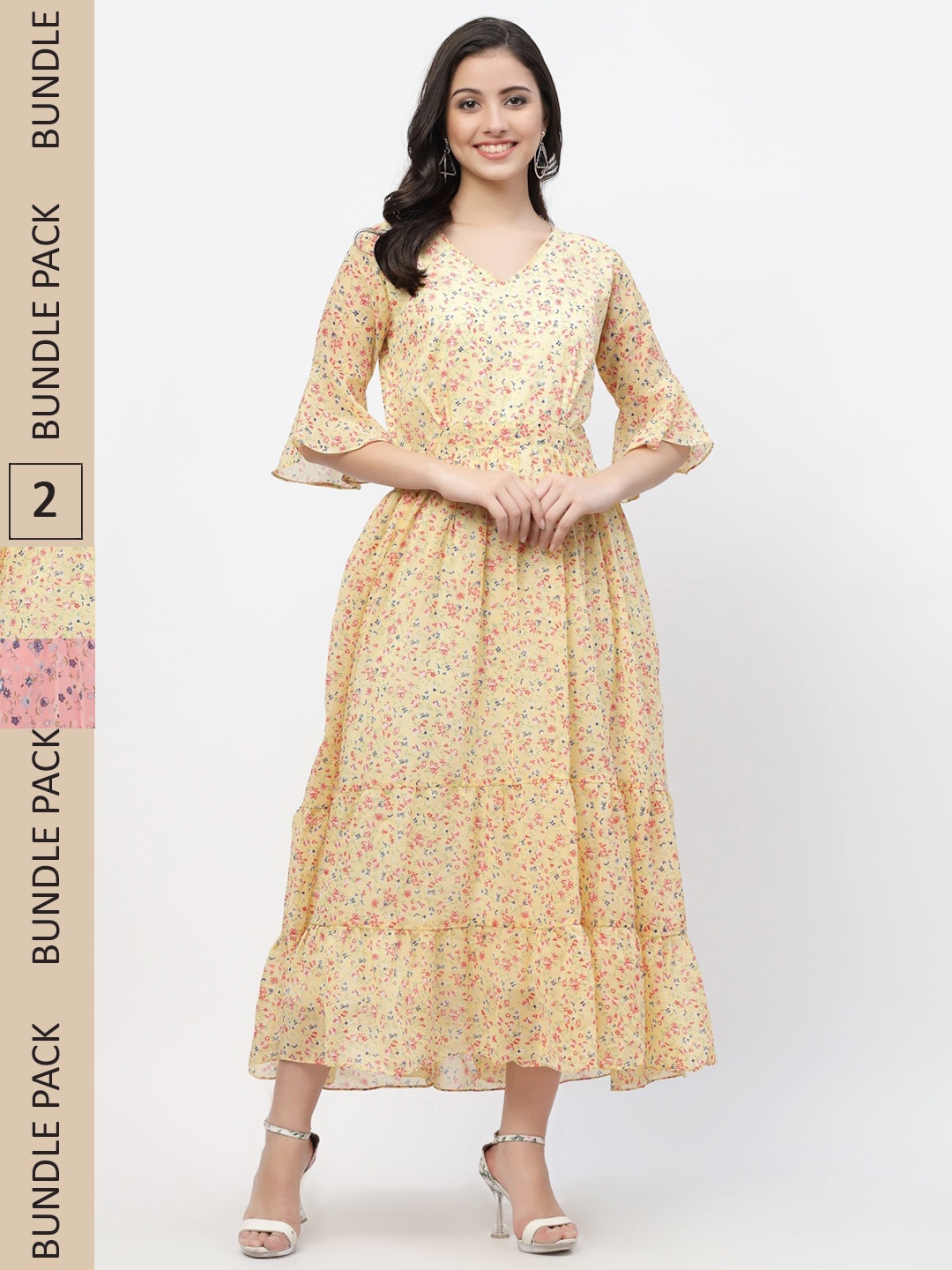 

MISS AYSE Yellow & Pink Floral Georgette Ethnic Maxi Dress Pack of 2