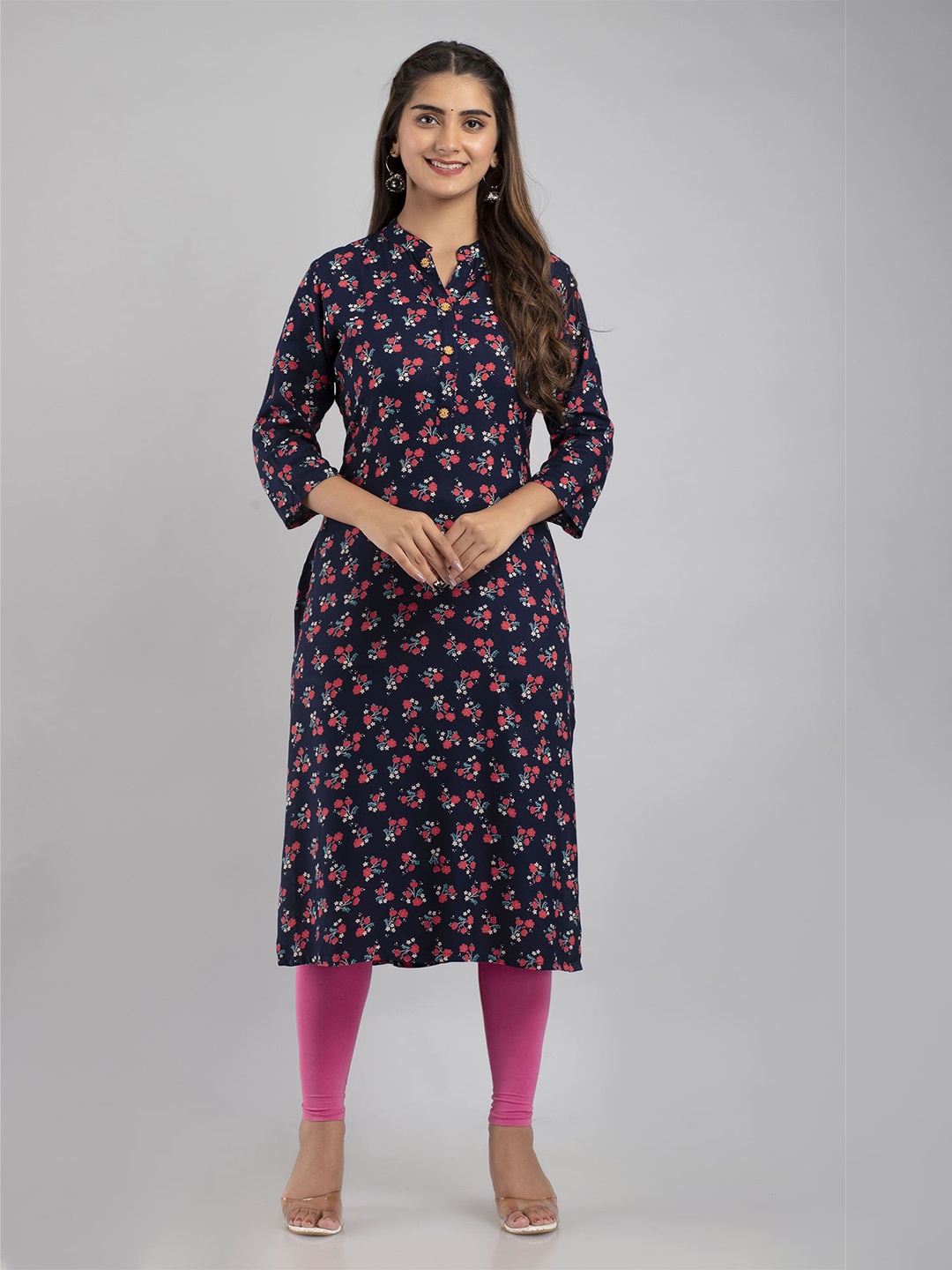 

MAUKA Women Navy Blue & Pink Floral Printed Floral Kurta