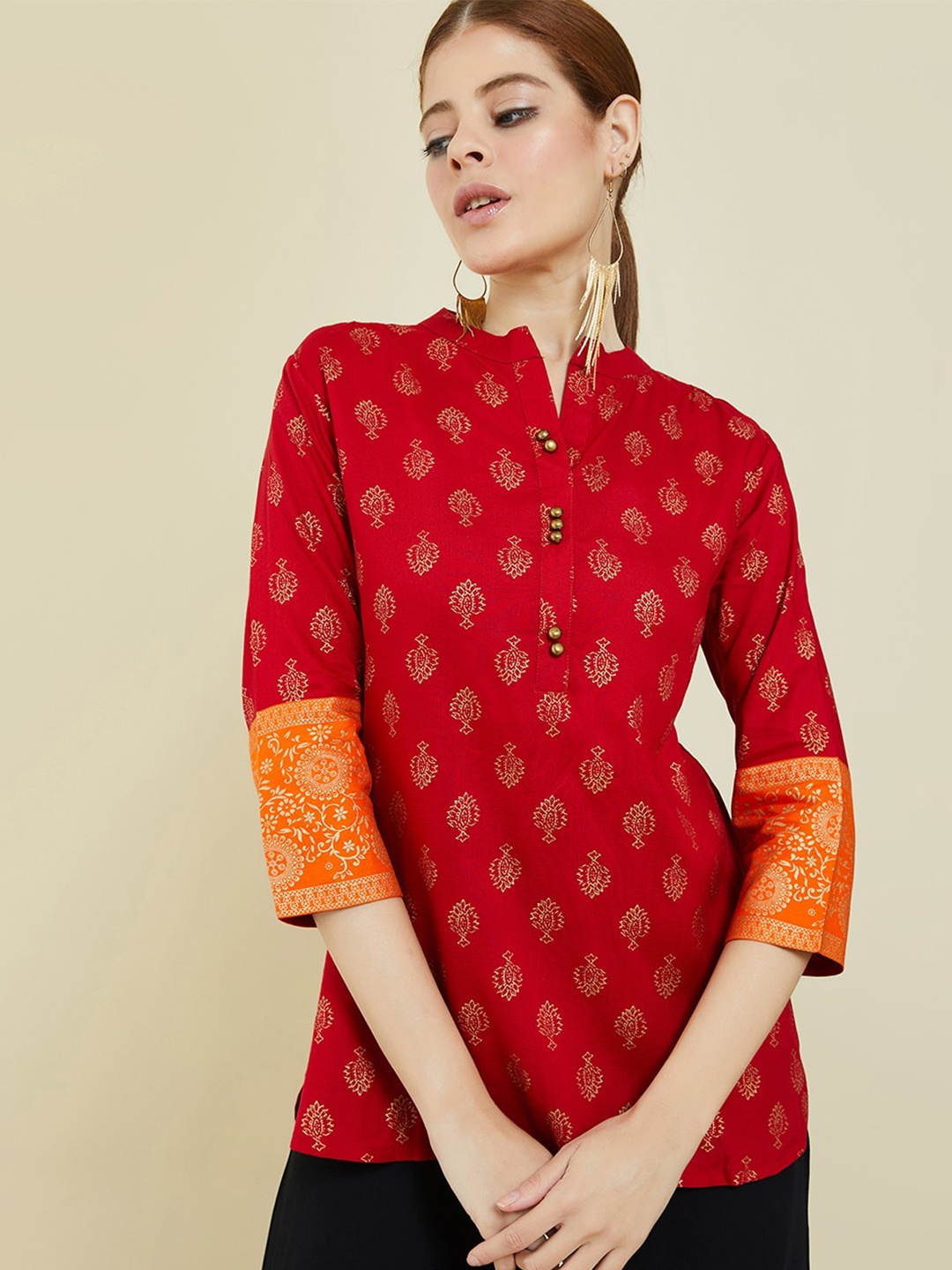 

Soch Red & Orange Mandarin Collar Printed Tunic