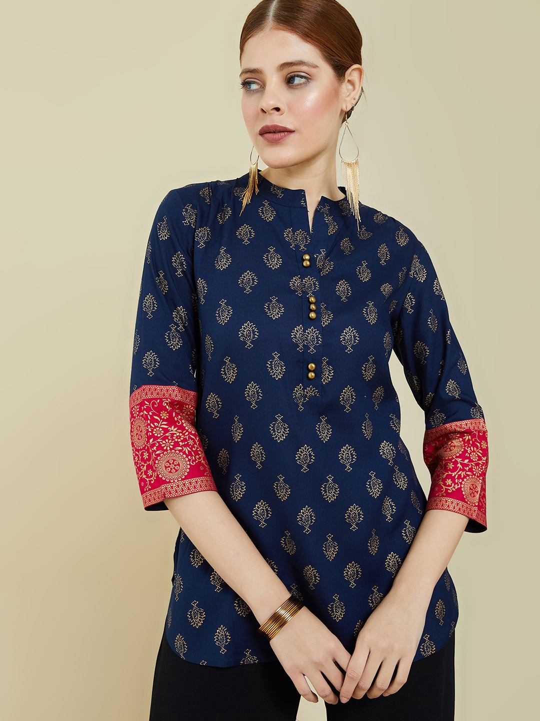 

Soch Navy Blue & Pink Mandarin Collar Printed Tunic