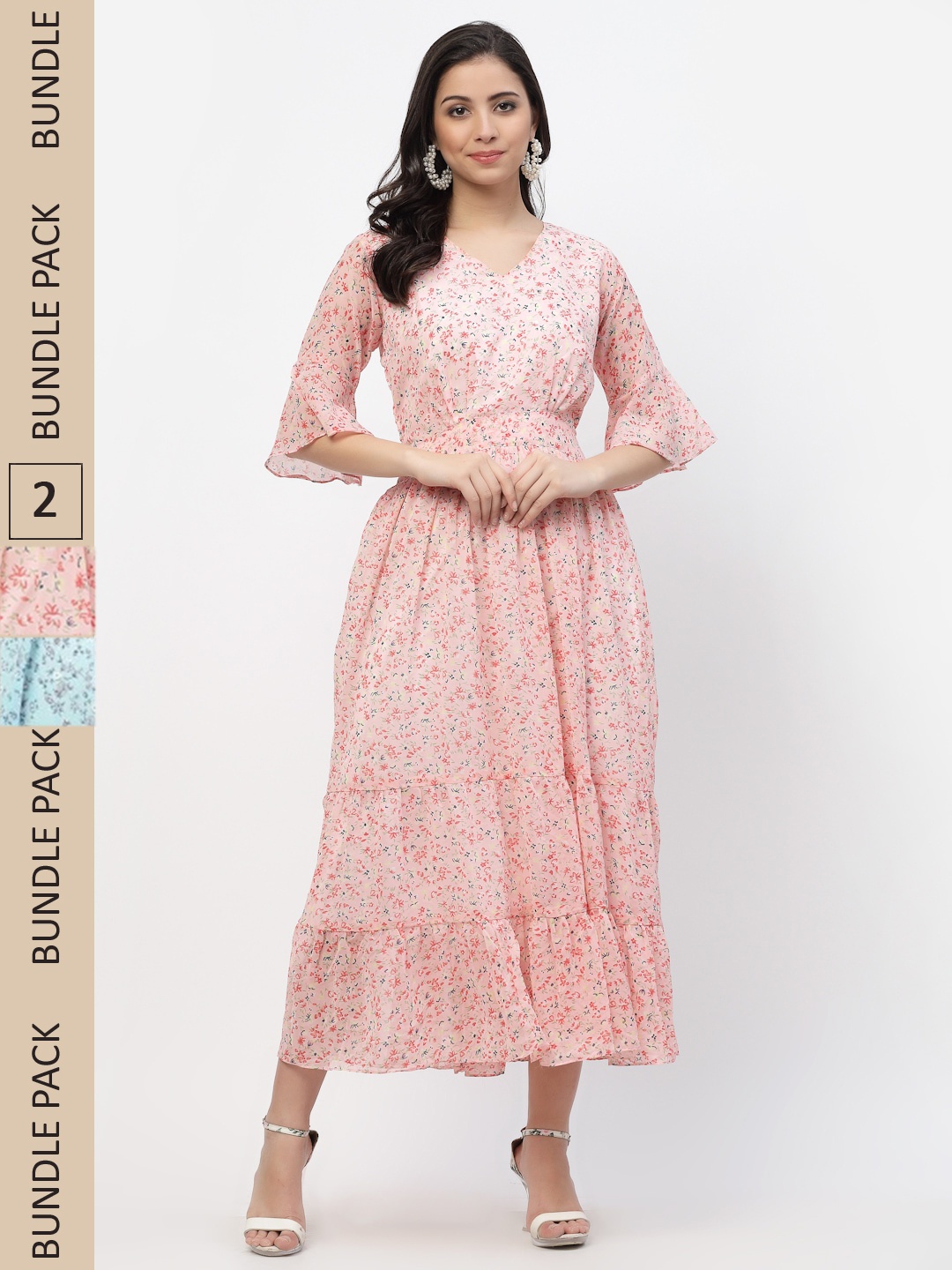

MISS AYSE Women Pink & Blue Pack Of 2 Floral Printed Fit & Flare Dresses