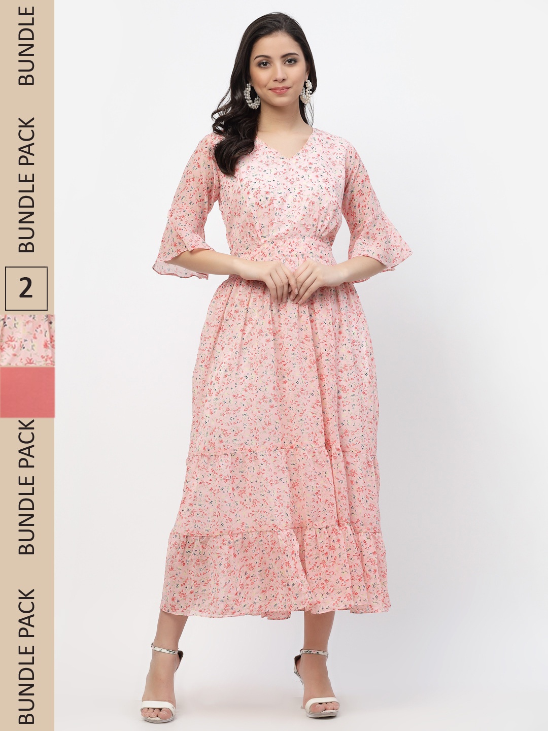 

MISS AYSE Women Peach-Coloured & Pink Pack Of 2 Floral Printed Midi Dresses