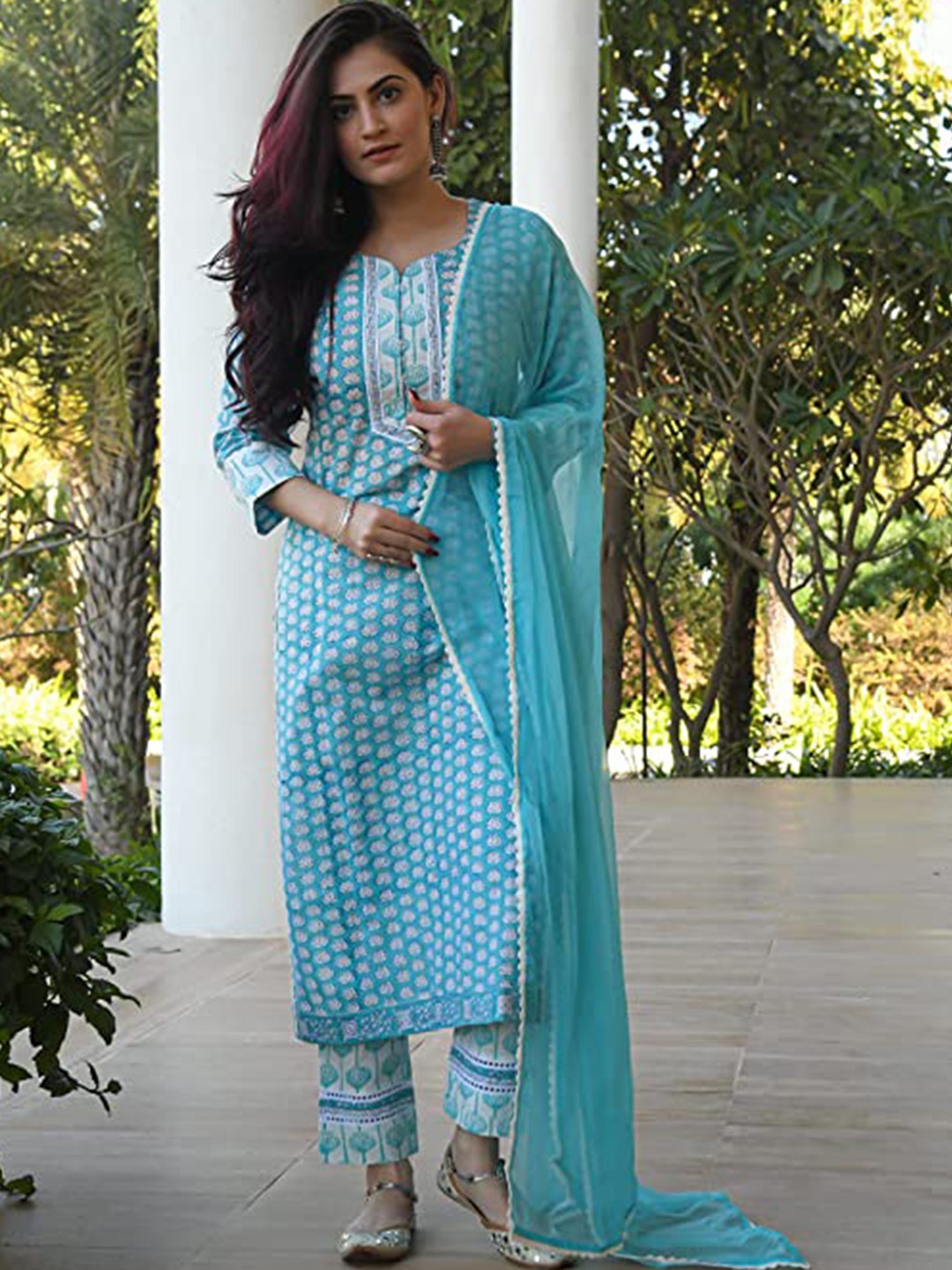 

Lookmark Women Blue Floral Printed Kurta with Trousers & Dupatta