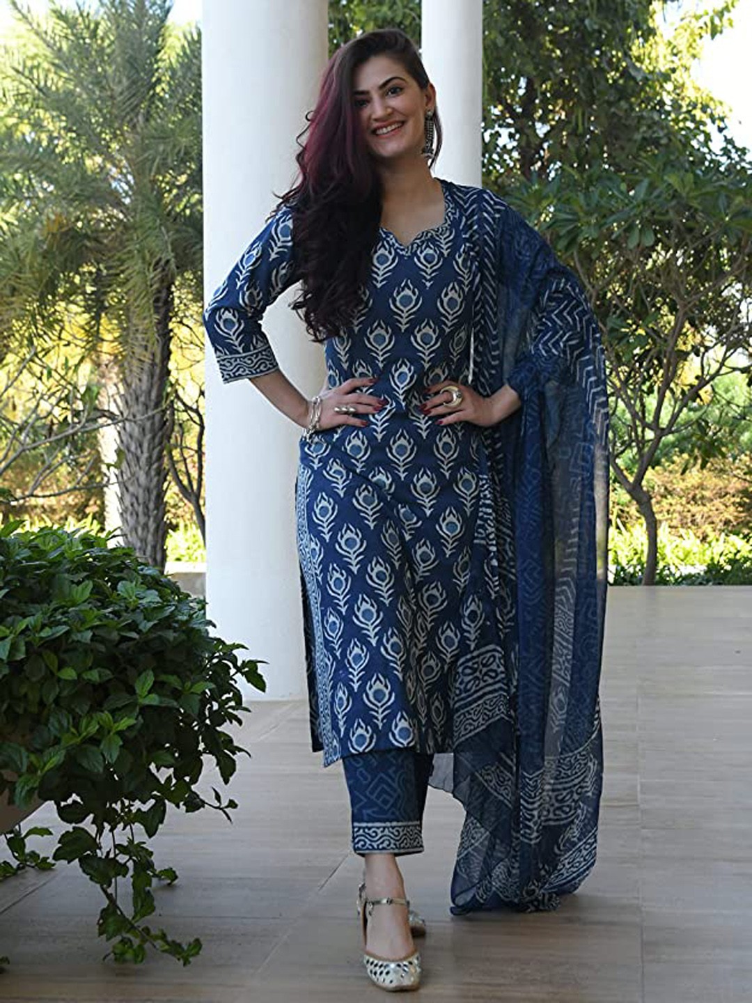 

Lookmark Women Navy Blue Ethnic Motifs Printed Kurta with Trousers & Dupatta