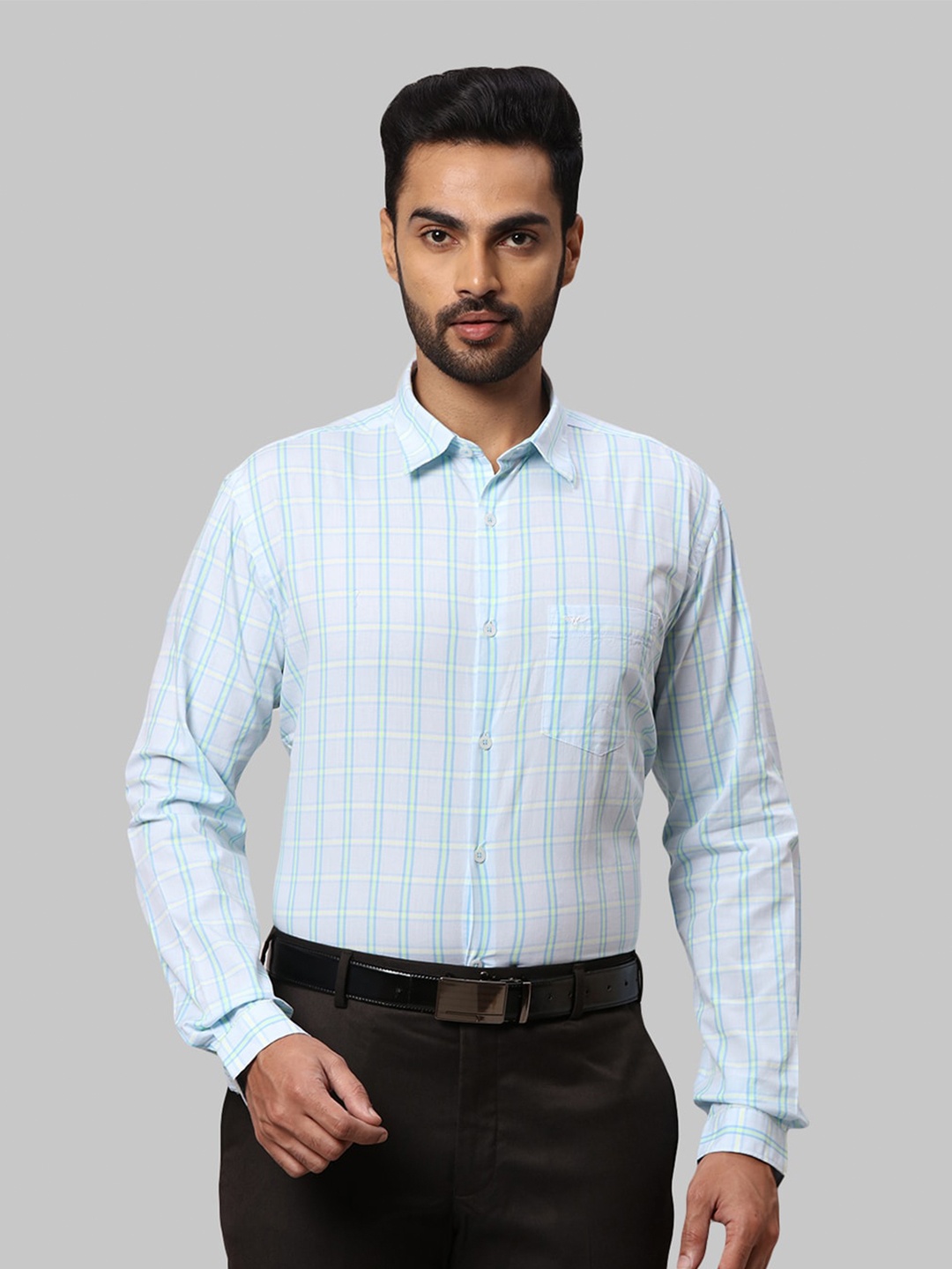 

Park Avenue Men Checked Cotton Formal Shirt, Turquoise blue