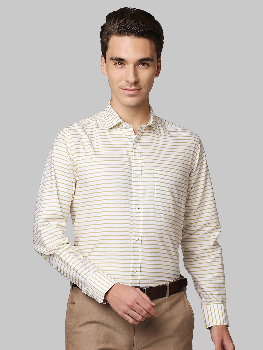 

Park Avenue Men Off White & Yellow Horizontal Striped Cotton Formal Shirt