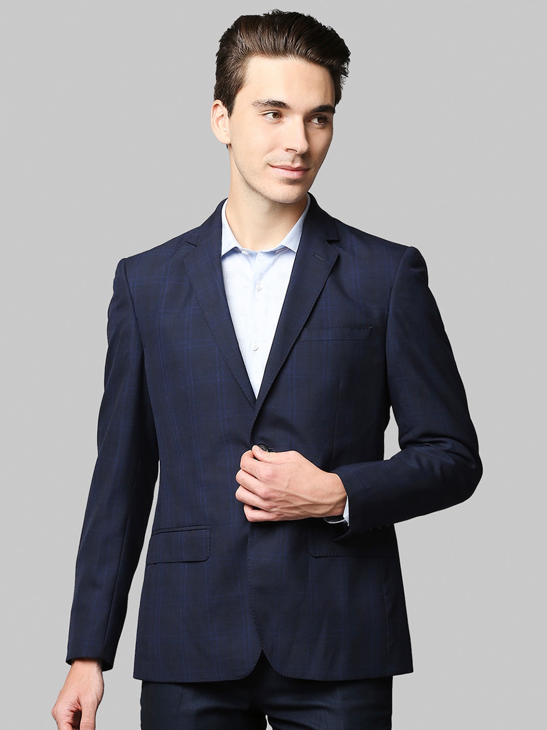 

Park Avenue Men Navy Blue Checked Single Breasted Formal Suits