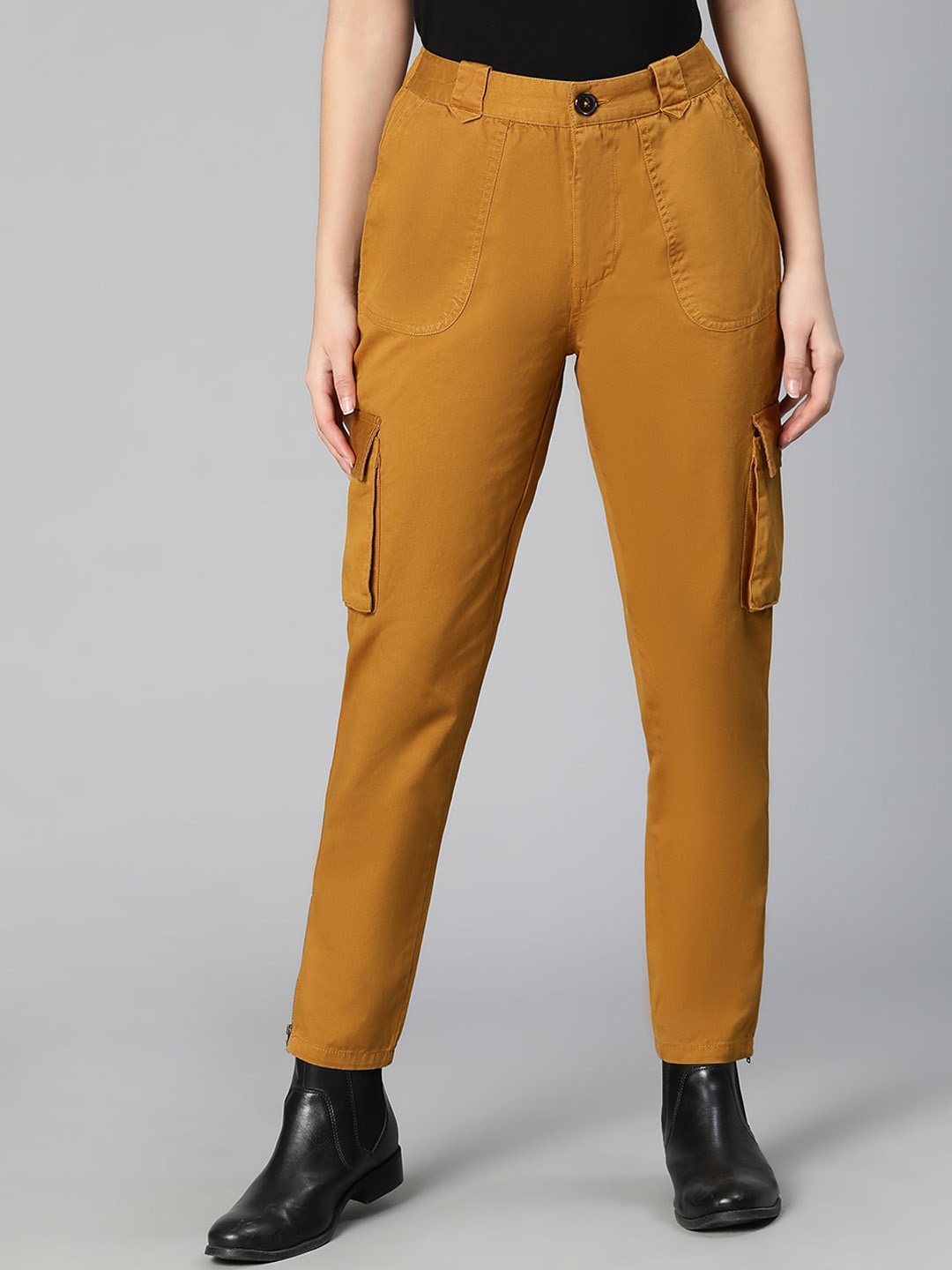 

Oxolloxo Women Mustard Yellow Easy Wash Cotton Cargos Trouser