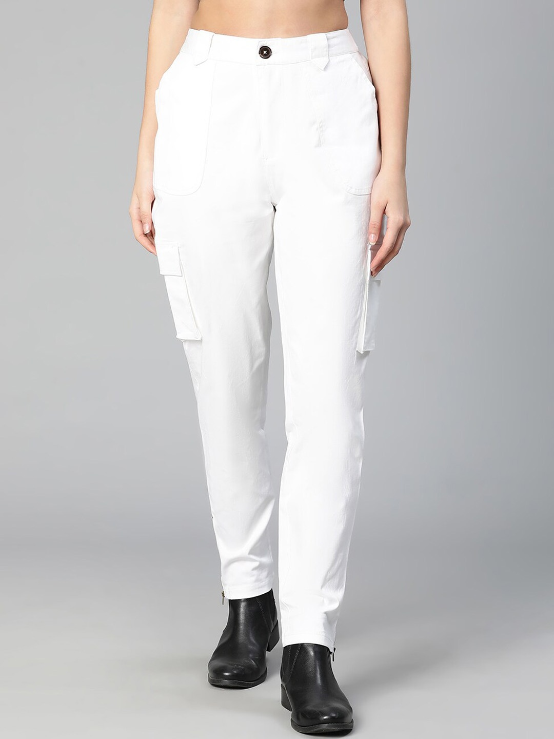 

Oxolloxo Women White Easy Wash Cotton Cargos Trousers