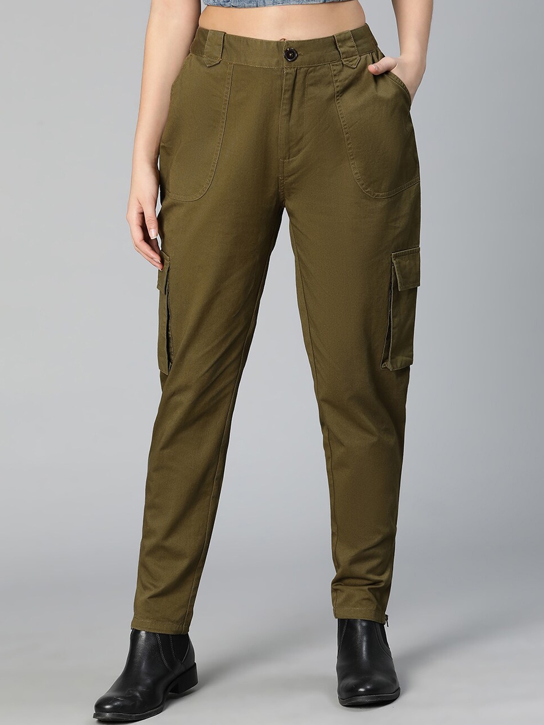 

Oxolloxo Women Khaki Easy Wash Cotton Cargos Trousers