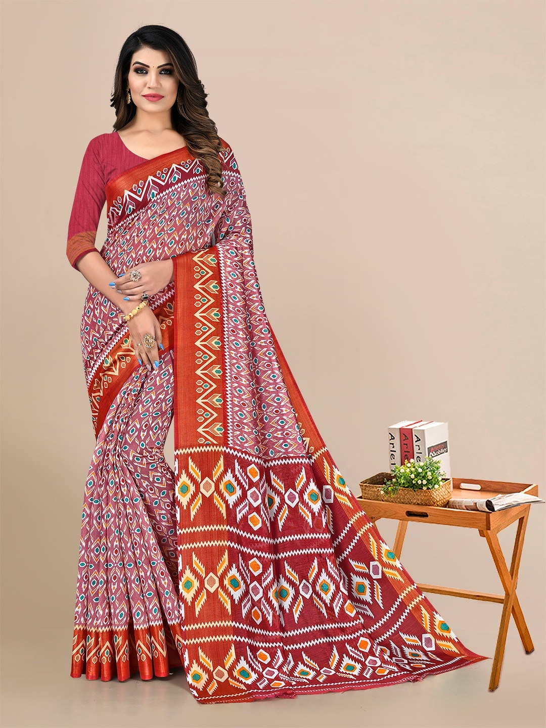 

KALINI Red & White Linen Blend Saree