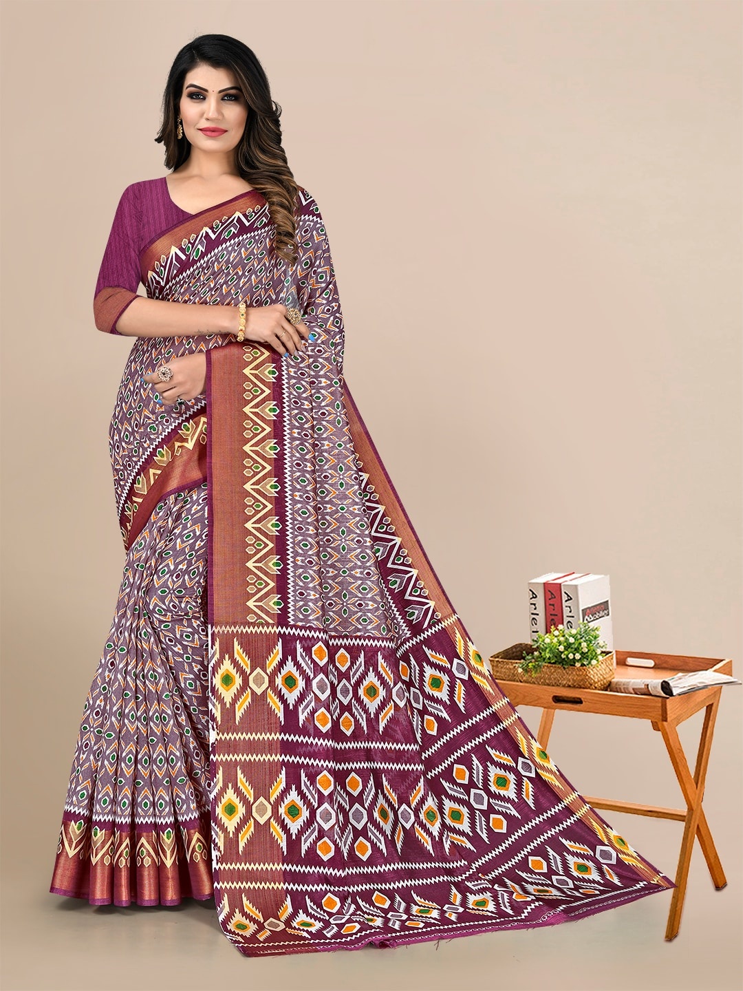 

KALINI Purple & Yellow Zari Linen Blend Saree