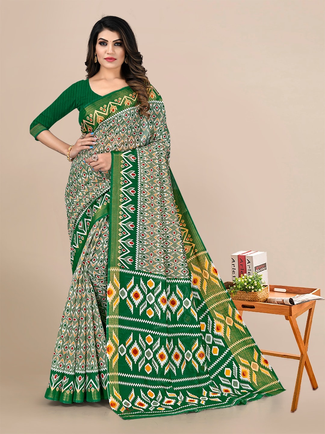 

KALINI Green & Red Linen Blend Saree