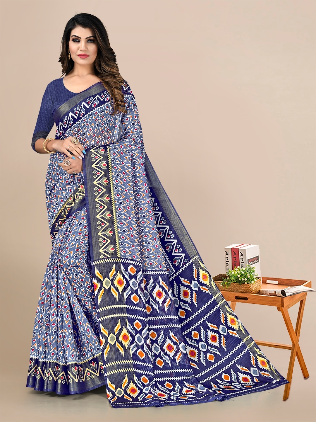 

KALINI Blue & Red Linen Blend Saree