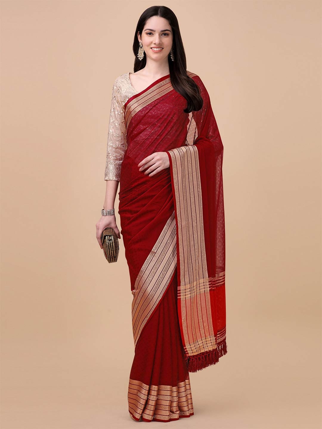 

Mitera Red & Gold-Toned Ethnic Motifs Zari Saree