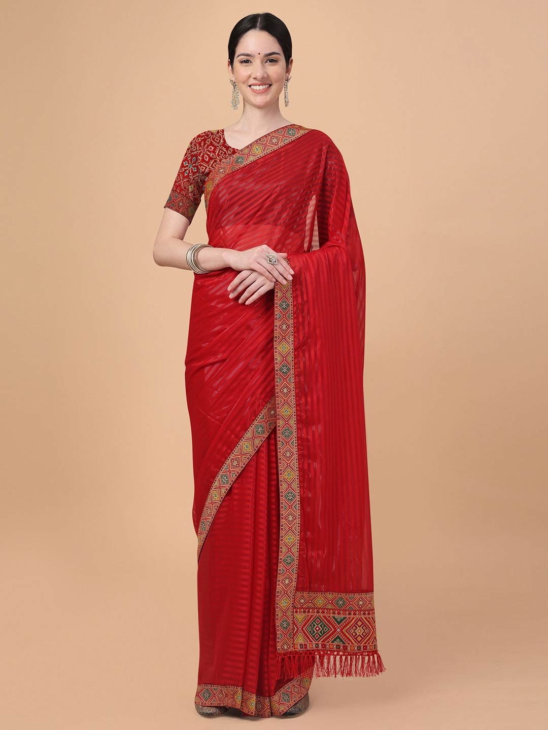 

Mitera Red & Green Striped Embroidered Art Silk Saree